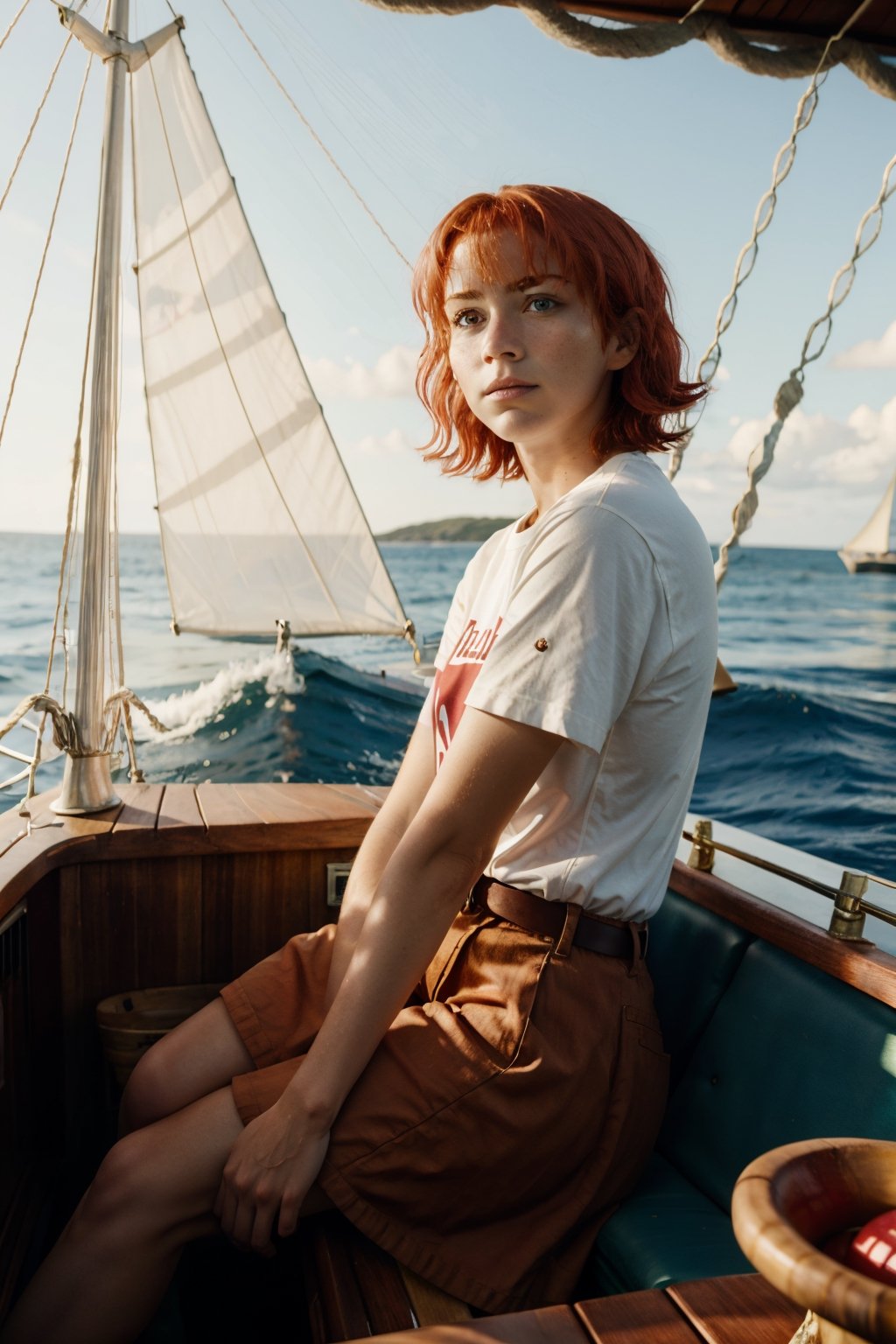emilyrudd, nami, a woman with red hair on a wooden boat 
, a woman with red hair