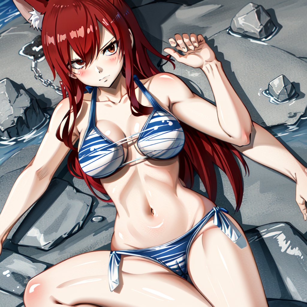 kaga(everlasting killing stone), closed mouth, solo, cameltoe, swimsuit, beach, navel, fox ears, large breasts, tail, fox girl, animal ear fluff, multiple tails, collarbone, cleavage, looking at viewer, blue bikini, bikini pull, blush, fox tail, animal ears, bikini, 1girl, long hair, red hair, brown eyes, hair over one eye
,fairy tail