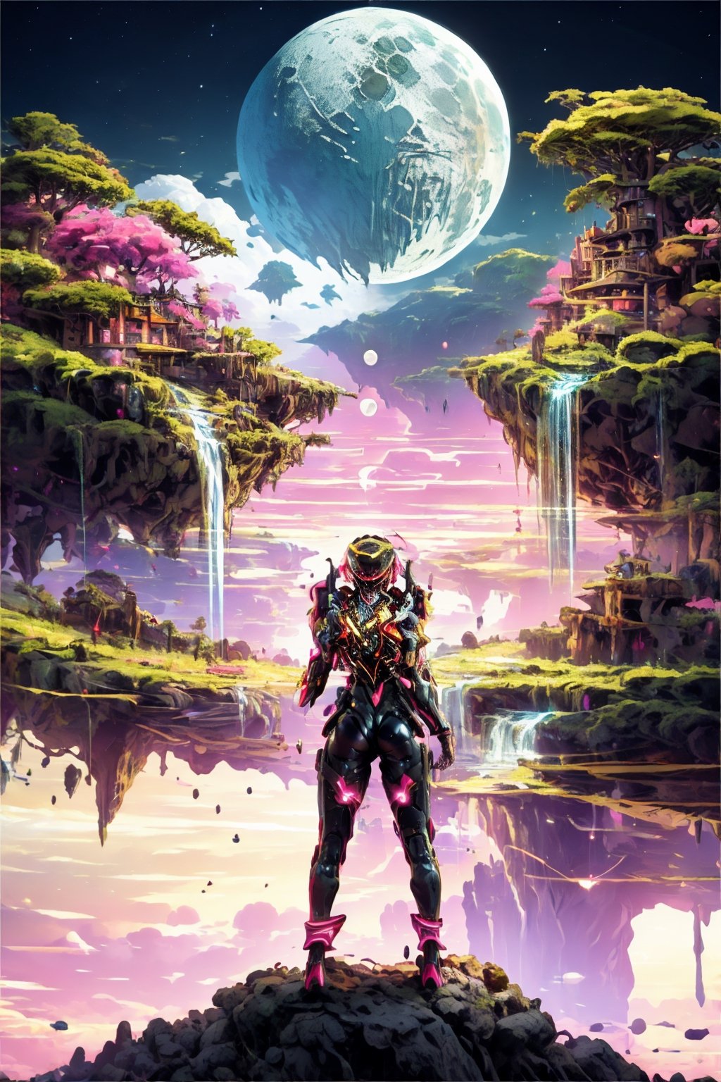 masterpiece, best quality, 1girl, bodysuit, full body, mechanical arms, medium breasts, science fiction, solo, standing, (island,sky,moon,fairy,clock,waterfall,pink, electrical storm, lightning), raidenshogundef