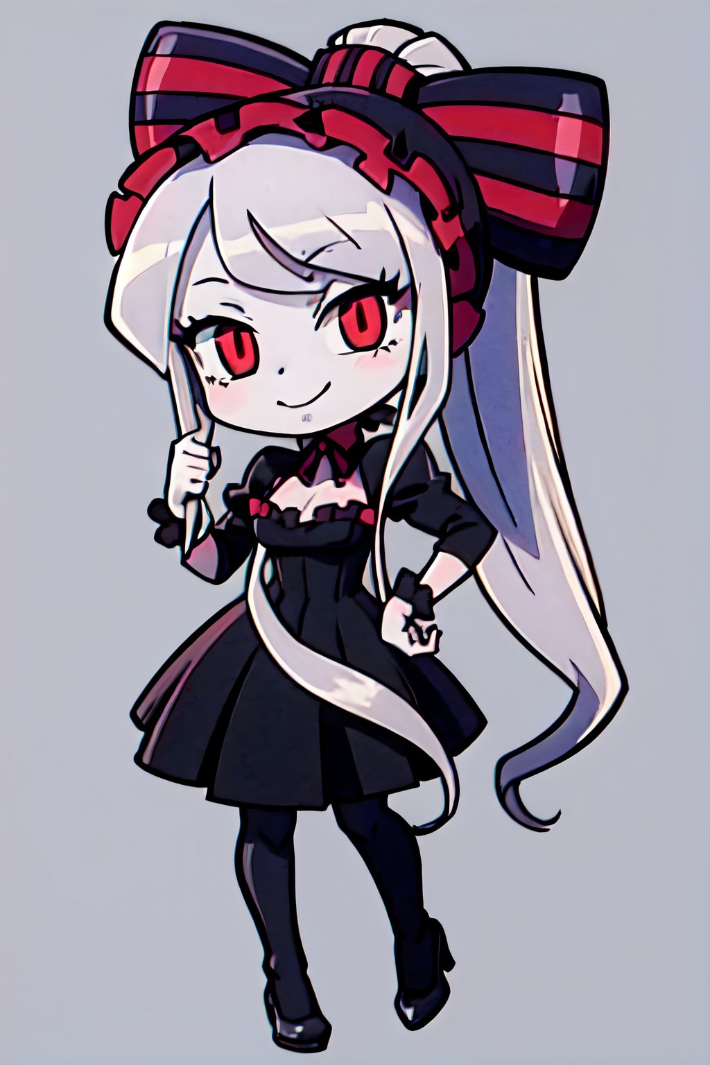 (chibi), full body, solo, 1girl,shalltear, gray hair, very long hair, medium breasts, red eyes, pony tail, bonnet, hair bow, black dress, looking at viewer, seductive smile, captivating pose, cowboy shot, evil smile, simple background