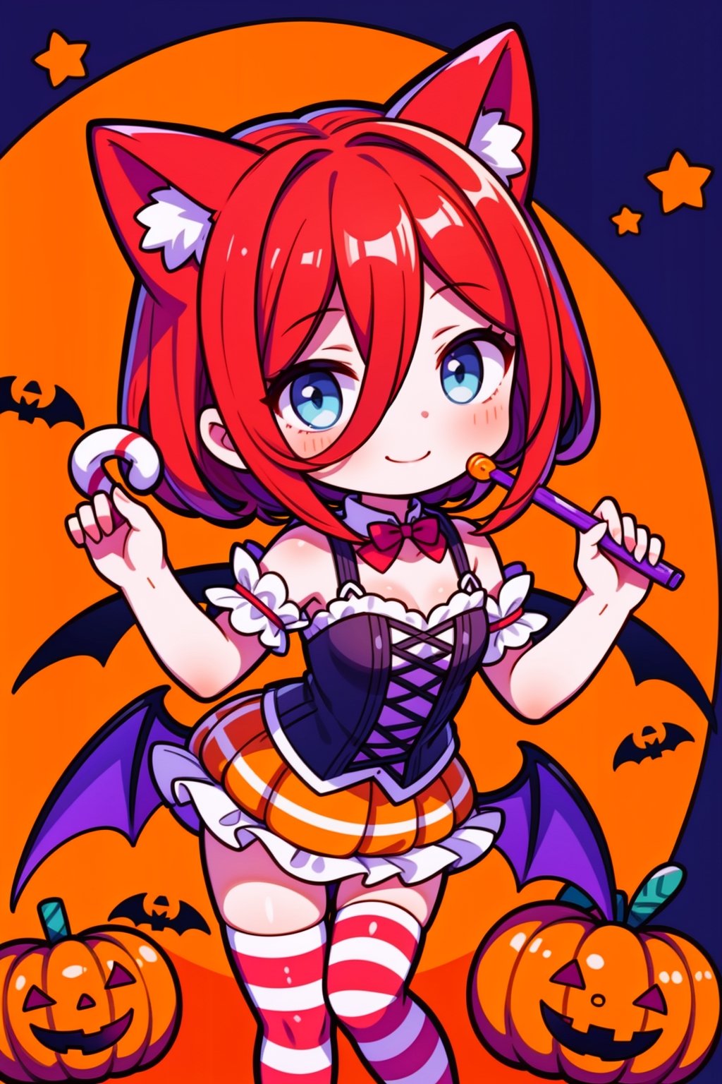 (masterpiece), halloween, candy, sweets, swirl lollipop, chocolate, candy cane, 1girl, halloween striped thighhighs, cat ears, smile, bat wings,miku nakano