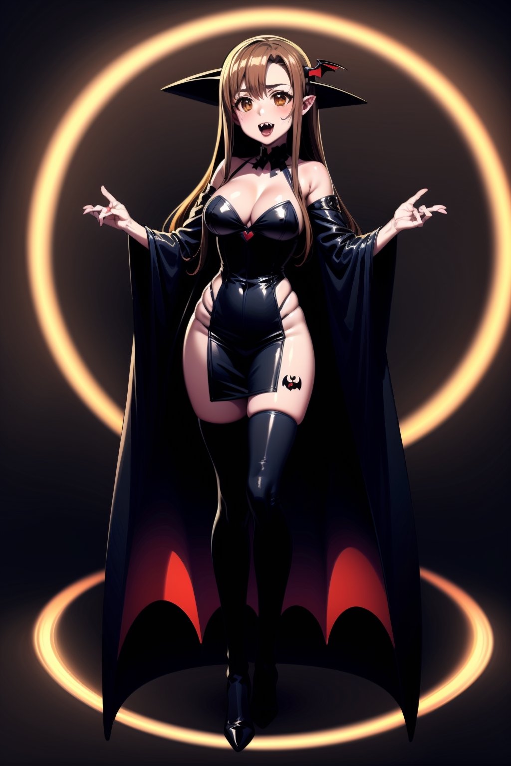 Halloween style, ((vampire costumes)),asuna yuuki, long hair,brown hair,(brown eyes:2), 1girl, colorful, elemental, fire, best quality, full body, Wide Shot, magic Circle, Circle