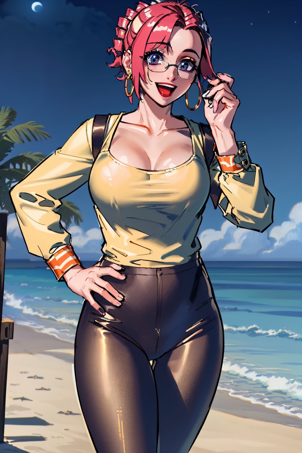 Forest night view, masterpiece, best quality, highres,  gold earrings, large breasts, jewelry, long sleeves, black pantyhose, outdoors, standing cowboy shot, smile, open mouth, hand on hip,pikkyharleyquinn,1girl,two-tone hair,multicolored hair, ((beach at night)),km1,  glasses