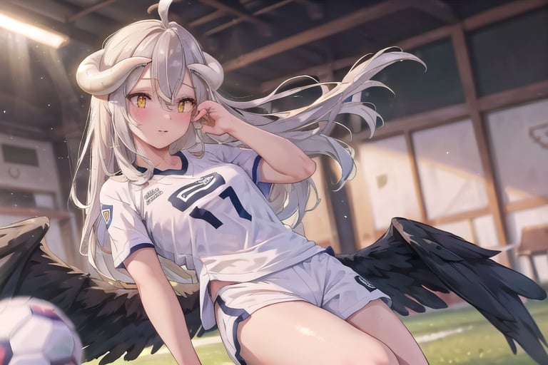(wearing soccer_uniform:1.3),white uniform, good hand,4k, high-res, masterpiece, best quality, head:1.3,((Hasselblad photography)), finely detailed skin, sharp focus, (cinematic lighting), collarbone, night, soft lighting, dynamic angle, [:(detailed face:1.2):0.2],(((inside_soccer_field))), solo,wearing, soccer_uniform,inside soccer_field,wearing soccer_uniform, al1, demon horns, slit pupils, black wings, feathered wings, low wings