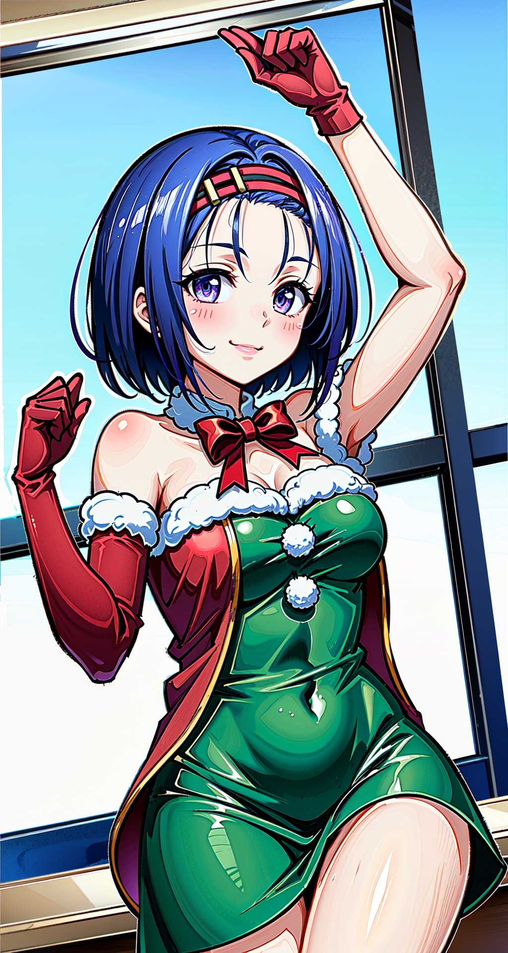 merry_christmas, smile,  christmas dress, in a snowball,haruna sairenji,aaharuna, short hair,  forehead,1 girl, in the classroom, midday