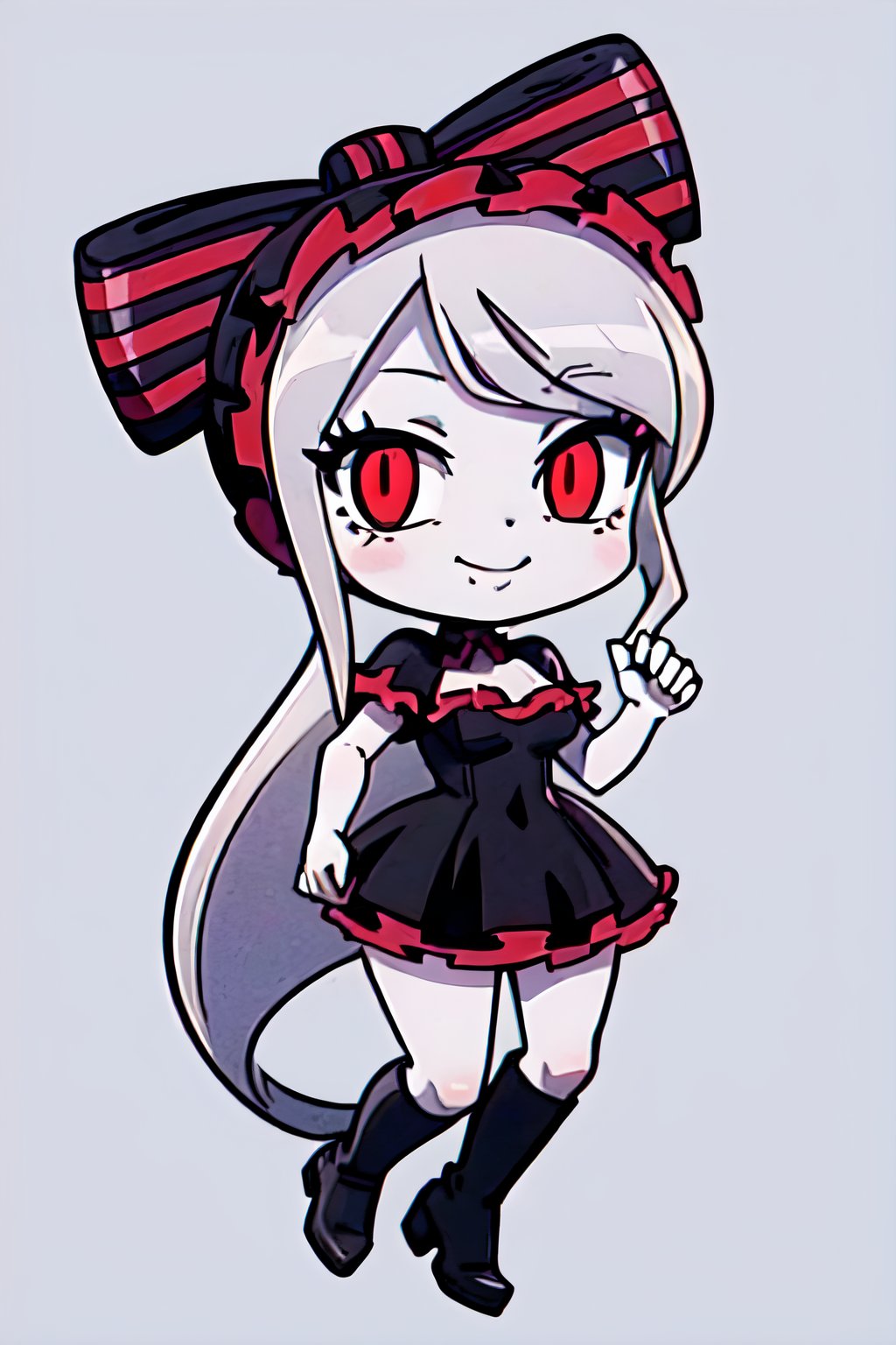 (chibi), full body, solo, 1girl,shalltear, gray hair, very long hair, medium breasts, red eyes, pony tail, bonnet, hair bow, black dress, looking at viewer, seductive smile, captivating pose, cowboy shot, evil smile, simple background