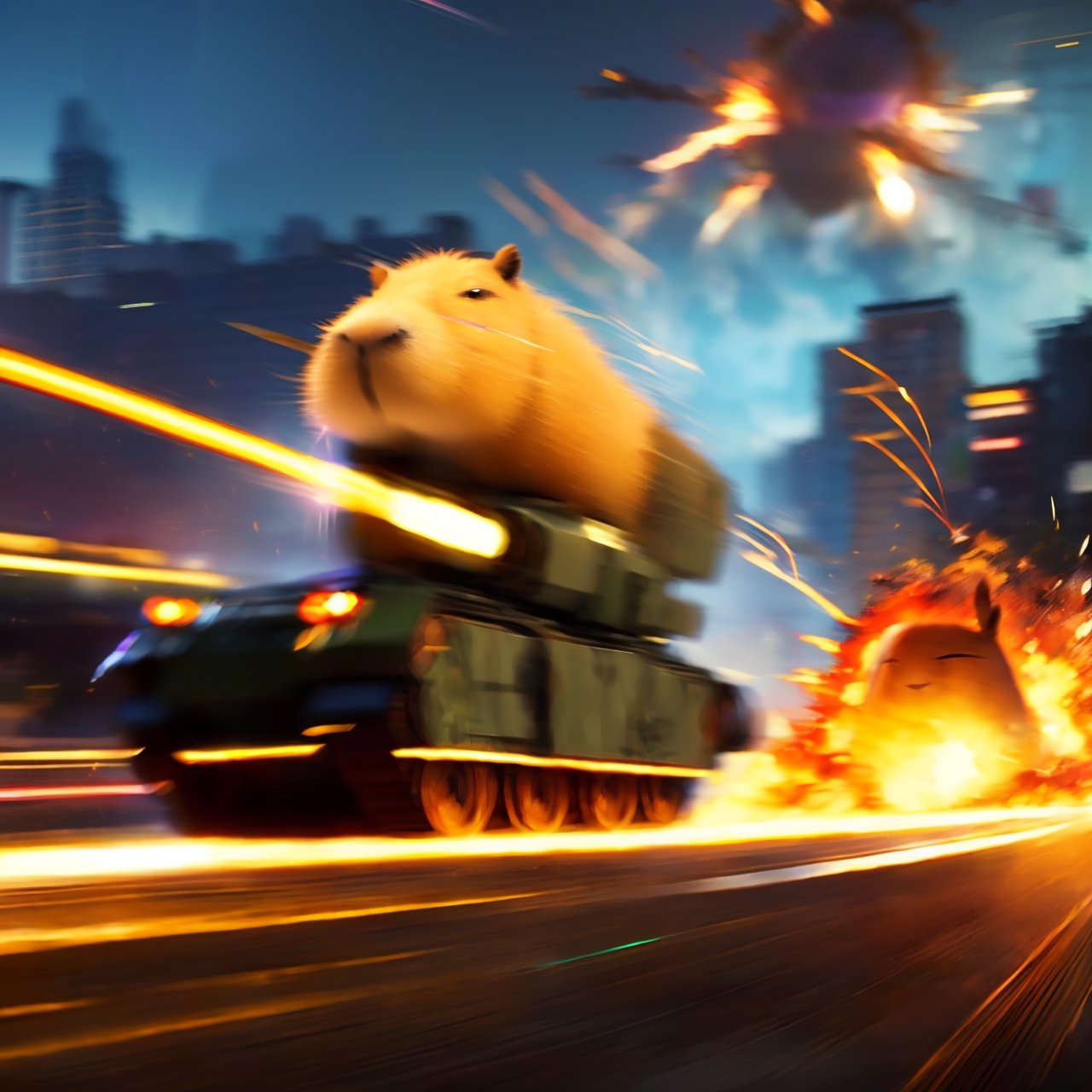 anime, masterpiece, best quality, absurdres, highres, ultra detailed, (capybara on a tank), tank in a motion, (motion blur, motion lines:1.4), (kawaii:1.3), (anime:1.4), cute, round eyes, (capybara wears sunglasses and a military cap), city, (explosion:1.2), capybara