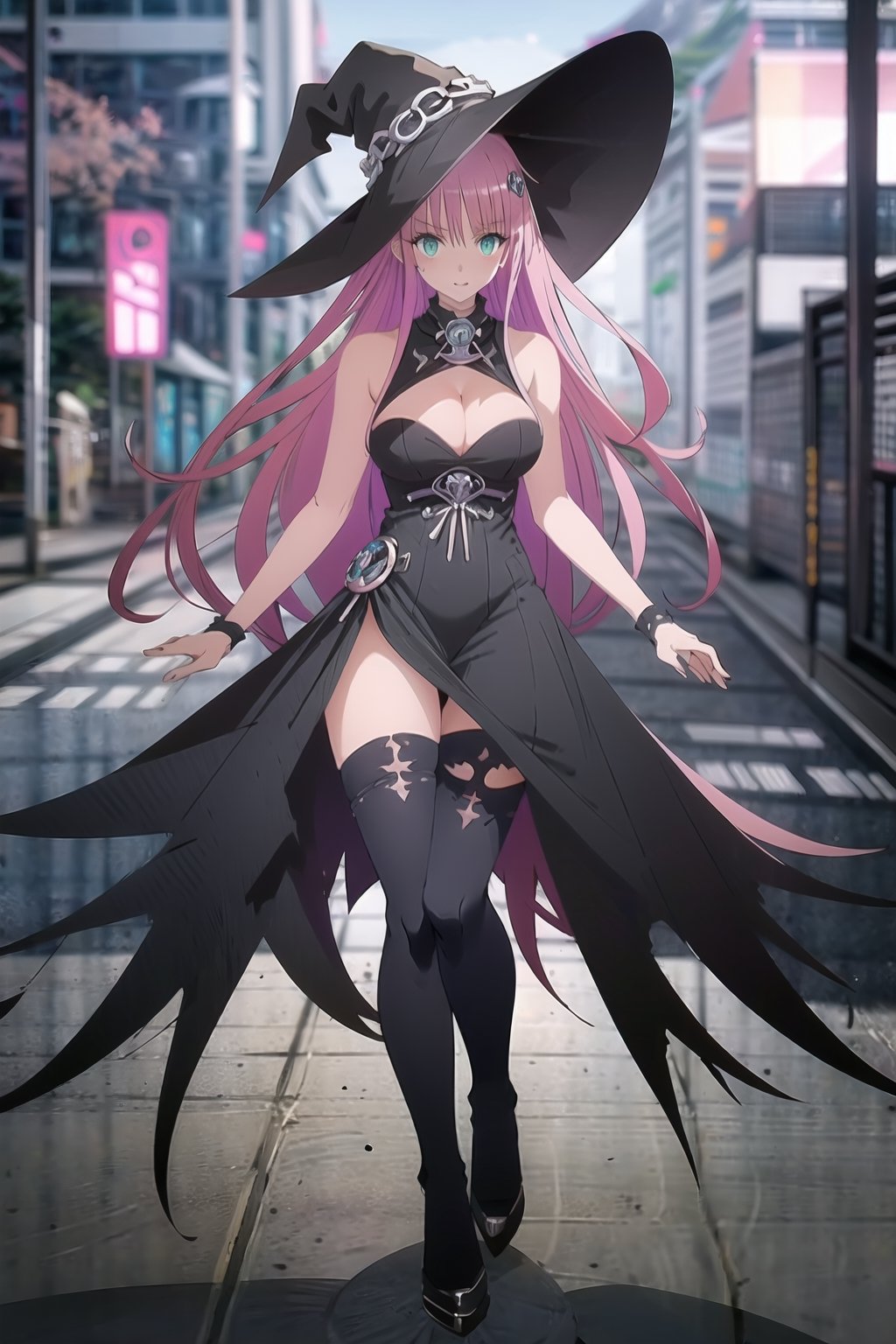  solo,black witch,balck witch hat,black witch dress,detailed face and eyes,1 girl,cleavage,playing, large moon in background, cyberpunk ,styled in Art Nouveau,insanely detailed, embellishments,high definition,concept art, digital art, tarot card,dynamic pose,full body,Lala Satalin Deviluke, masterpiece,  best