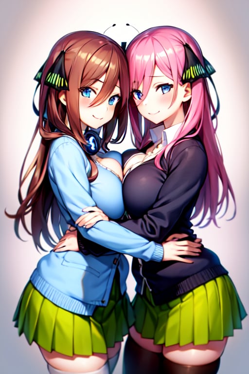 nakano nino, 2girls, pink hair, breast press, hugging, symmetrical docking, butterfly hair ornament, smile, white shirt, white thighhighs,  green skirt, black open cardigan, highly detailed, absurdres, masterpiece,  
AND nakano miku, 2girls, brown hair, hugging, breast press, symmetrical docking, hair between eyes, smile, pantyhose, green skirt, blue cardigan, headphones, highly detailed, absurdres, masterpiece,  