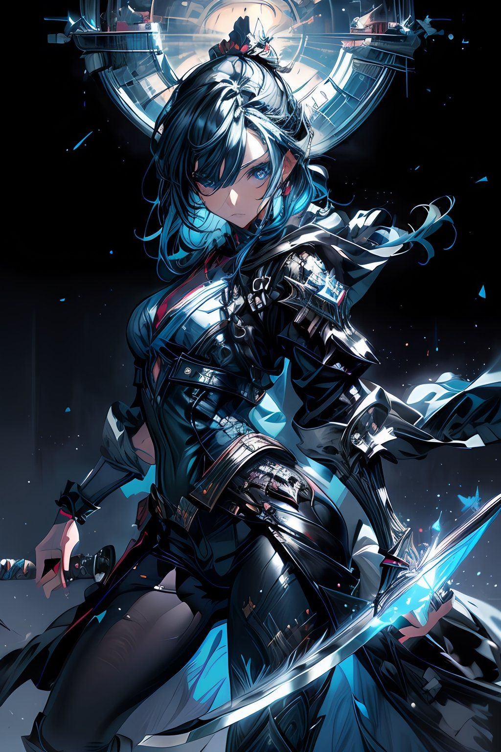 ((masterpiece, best quality)),a girl holding a sword, in the style of dark azure and light azure, mixes realistic and fantastical elements, vibrant manga, uhd image, glassy translucence, vibrant illustrations, midjourney