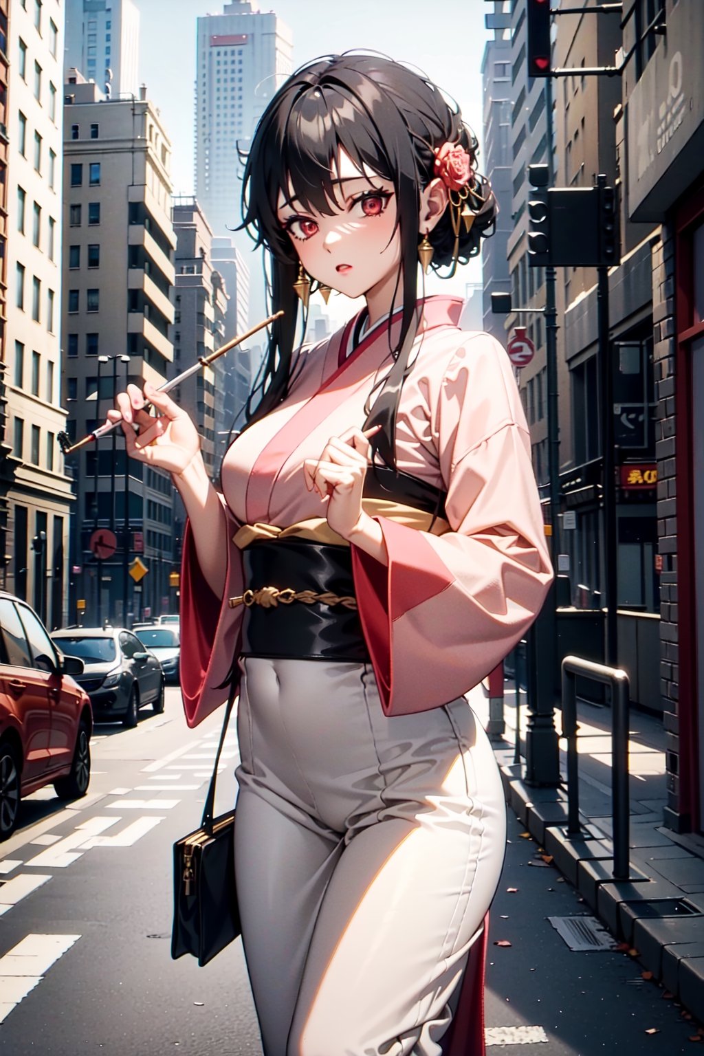 The image shows a woman in a pink kimono standing on a street in a city. She has long, black hair and is wearing a white blouse and pink kimono. She is holding a purse and has a cigarette in her hand. The background is a city street with buildings and cars in the distance. The overall mood of the image is sexy and alluring,china dress with heart cutout, red eyes,bbyorf