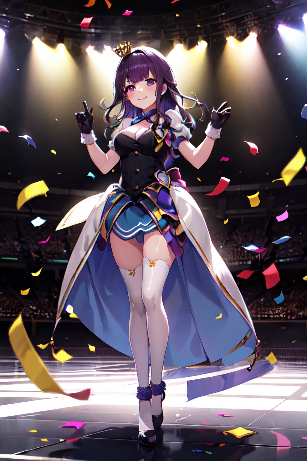 1girl, solo, full body,masterpiece, high definition,cleavage, playing,best quality, highres,((crown, gloves, dress,mfs)),(( Idol girl in dress dancing on stage with confetti)),smile, splash art anime,long hair, purple hair, purple eyes