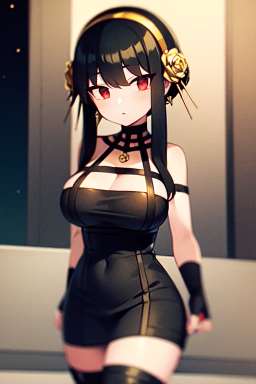 (chibi), full body, solo, 1girl,BBYORF, sidelocks, gold hairband, hair ornament, red eyes, gold earring, large breasts, choker, bare shoulders, black dress, two-sided dress, fingerless gloves, thigh boots, , cowboy shot, standing, looking at viewer, outdoors, night, SHORT HAIR WITH LONG LOCKS