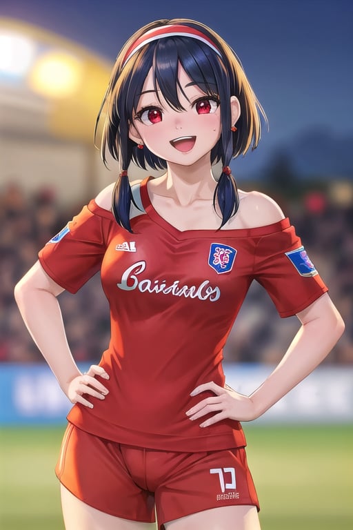 (wearing soccer_uniform:1.3),red uniform, good hand,4k, high-res, masterpiece, best quality, head:1.3,((Hasselblad photography)), finely detailed skin, sharp focus, (cinematic lighting), collarbone, night, soft lighting, dynamic angle, [:(detailed face:1.2):0.2],(((inside_soccer_field))), BBYORF, short hair with long locks, white hairband, red eyes, gold earrings, large breasts, jewelry, off shoulder, red sweater, outdoors, standing cowboy shot, smile, open mouth, hand on hip,black hair