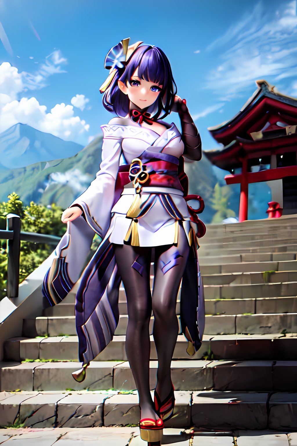 raidenshogundef, full body, smile, blush, outdoors, day, simple background, blue sky, short hair, sky, temple, looking at viewer, stairs, mountain, moody lighting, facing viewer,long hair