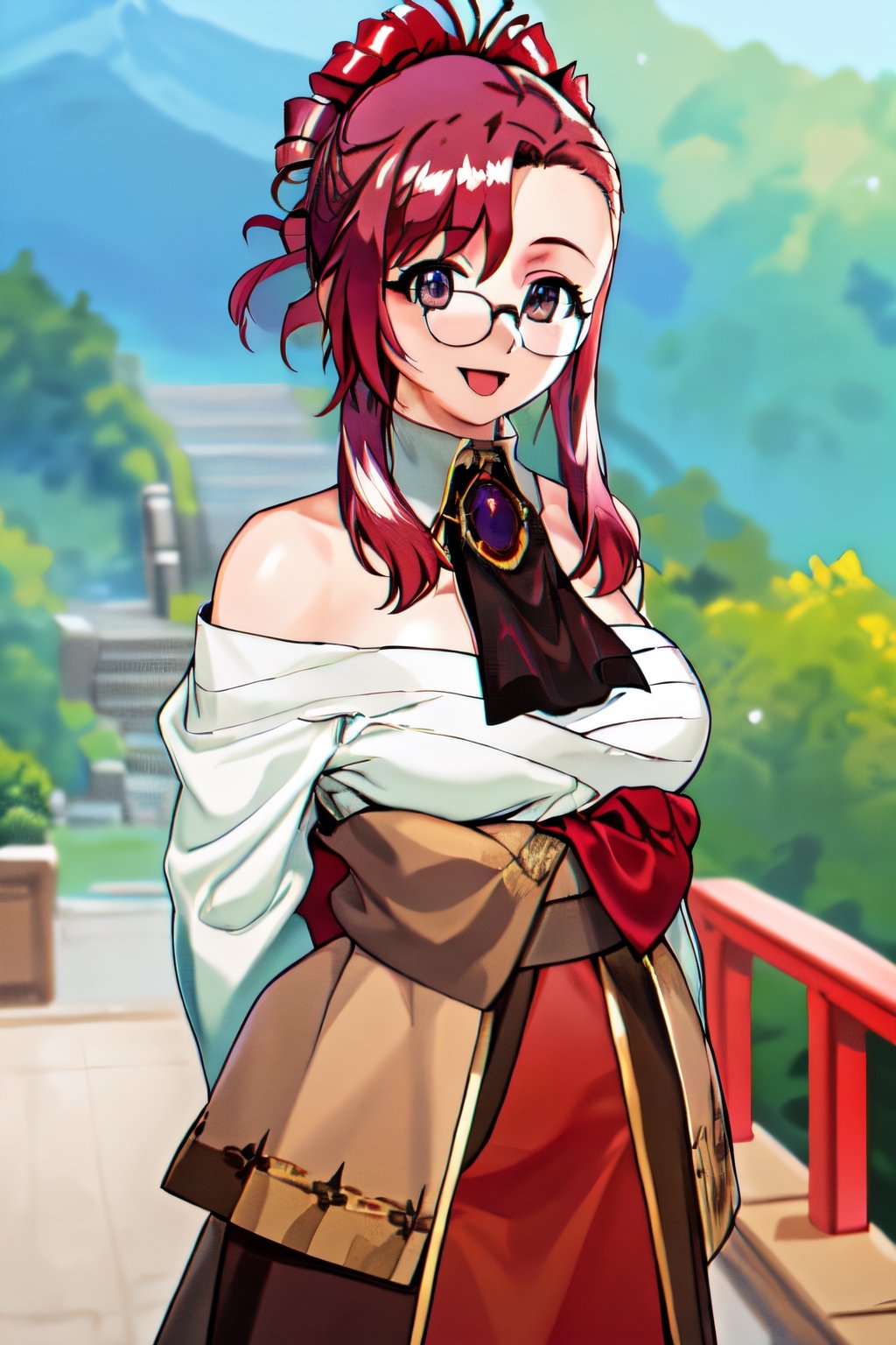 masterpiece, best quality,1girl, large breasts, sarashi, off shoulder, japanese clothes, chest sarashi, highres, km1, red hair, sidelocks, brooch, jewelry, ascot,  glasses, outdoors, graden, arms behind back, smile, open mouth