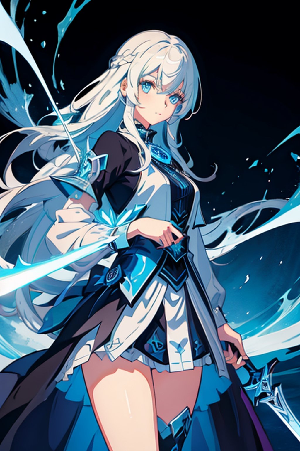 ((masterpiece, best quality)),a girl holding a sword, in the style of dark azure and light azure, mixes realistic and fantastical elements, vibrant manga, uhd image, glassy translucence, vibrant illustrations, midjourney,long hair, white hair,mira-chan