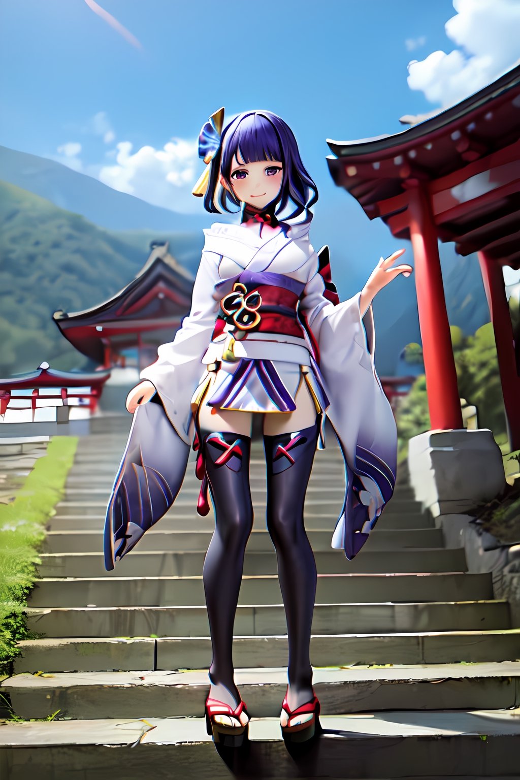 raidenshogundef, full body, smile, blush, outdoors, day, simple background, blue sky, short hair, sky, temple, looking at viewer, stairs, mountain, moody lighting, facing viewer,