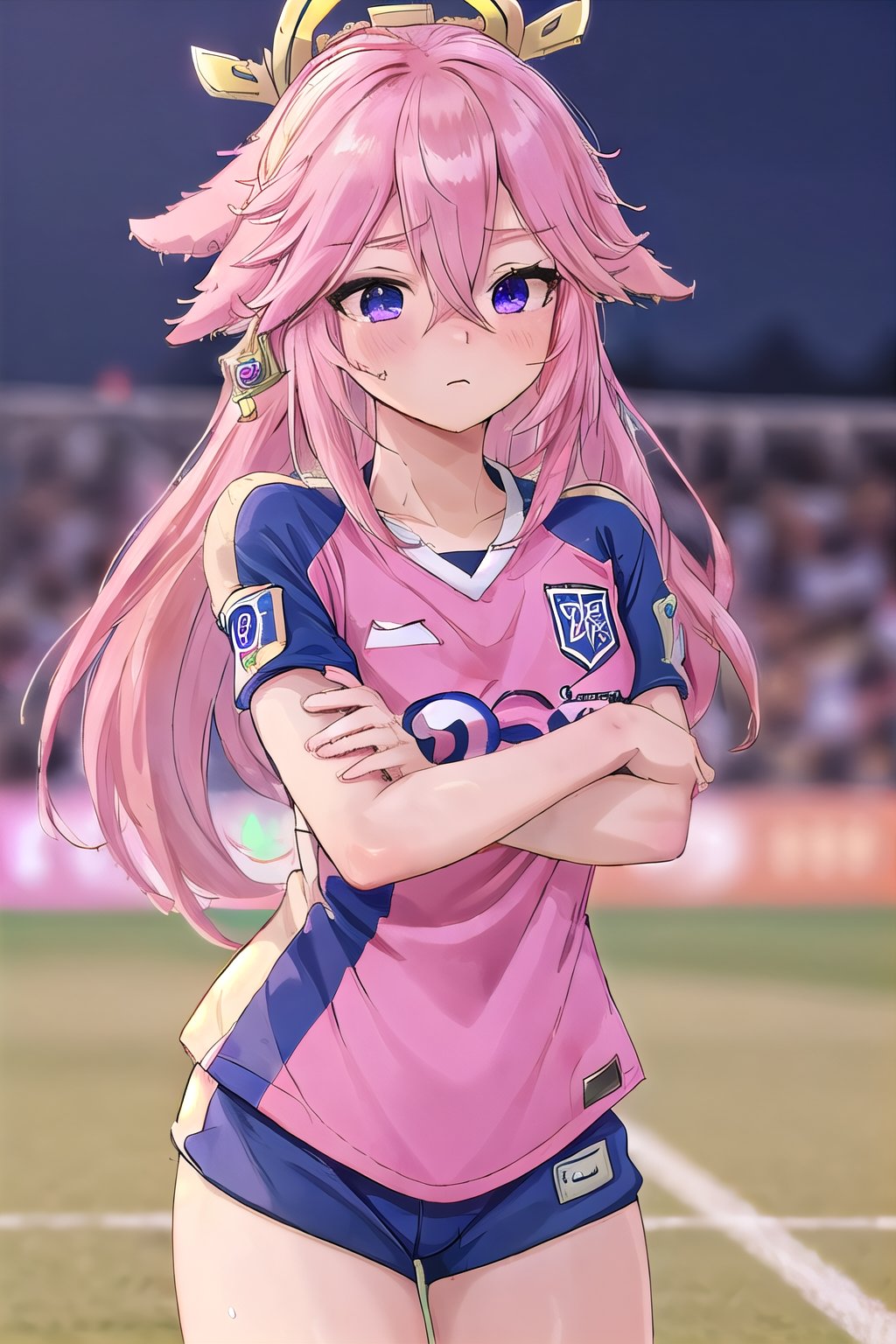 (wearing soccer_uniform:1.3),pink uniform, good hand,4k, high-res, masterpiece, best quality, head:1.3,((Hasselblad photography)), finely detailed skin, sharp focus, (cinematic lighting), collarbone, night, soft lighting, dynamic angle, [:(detailed face:1.2):0.2],(((inside_soccer_field))), solo,yaemikodef