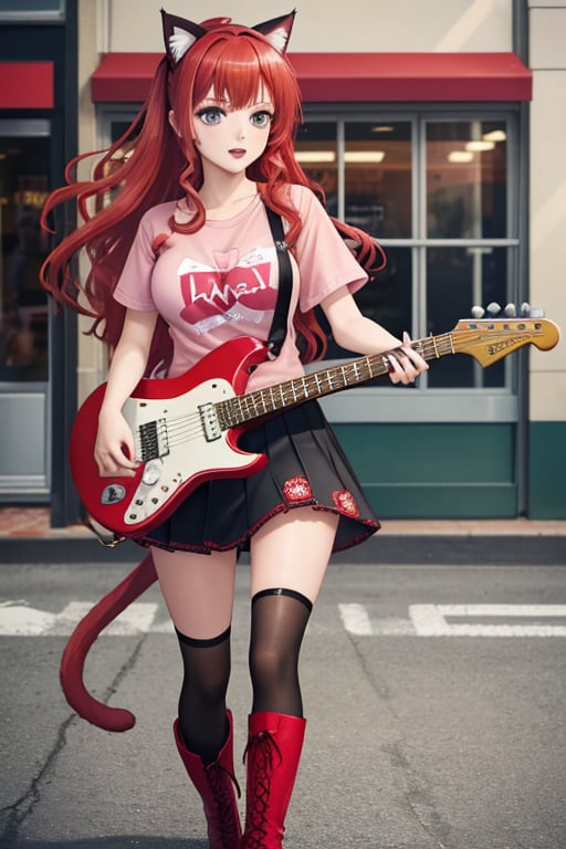 Raw photo, masterpiece, photorealistic, best quality, 
full lenght bidy,
24yo punk girl with red hair playing an electric guitar, 
holding plectrum, instrument, 
music, one side up, 
long hair, red curly hair, playing guitar,
wearing cat ears on head,
pleated plad mini skirt, 
pink shirt with a red heart printed on,
wearing red boots,
out side in the street in front of shops