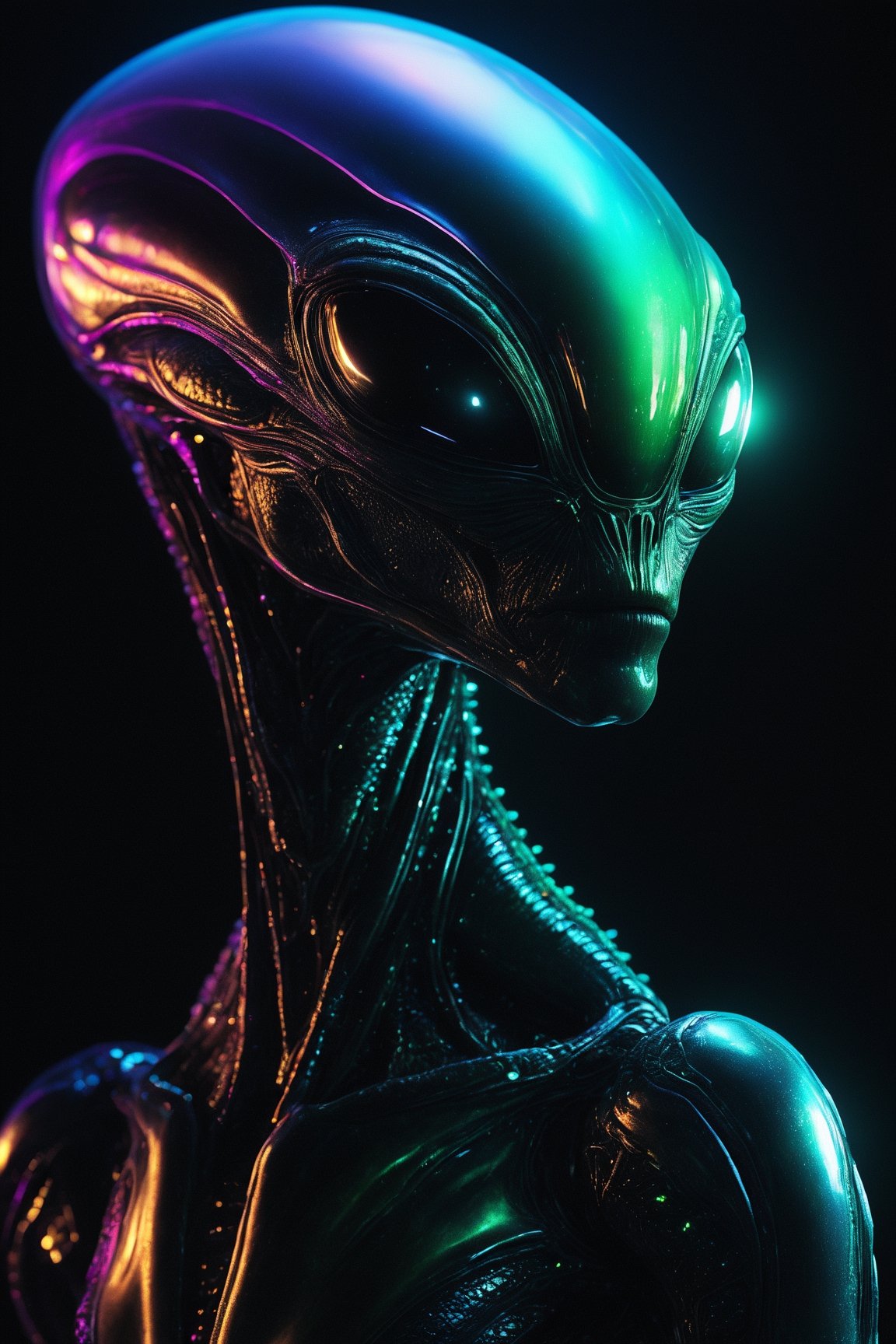 Alien creature in humanoid shape, with opalescent skin and iridiscent scales, masterpiece, absolutely perfect, stunning image, visually rich, intricately detailed, concept art, by Mschiffer, glowy, cinematic, UHD wallpaper, 3d, octane render, volumetric lights,Movie Still