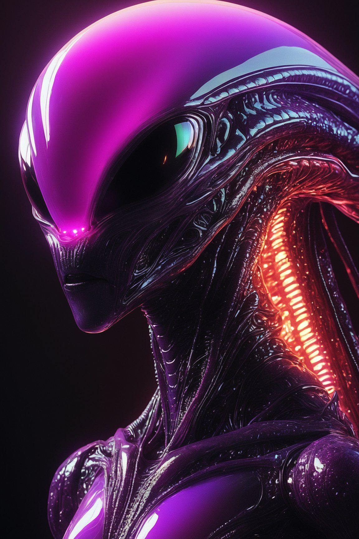 Alien creature in humanoid shape, with opalescent skin and iridiscent scales, masterpiece, absolutely perfect, stunning image, visually rich, intricately detailed, concept art, by Mschiffer, glowy, cinematic, UHD wallpaper, 3d, octane render, volumetric lights