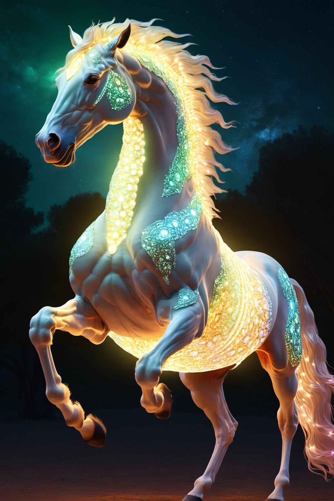 Celestial (alien:1) creature in horse shape, with opalescent skin and iridiscent scales, masterpiece, absolutely perfect, stunning image, visually rich, intricately detailed, concept art, by Mschiffer, glowy, cinematic, UHD wallpaper, 3d, octane render, volumetric lights,Movie Still