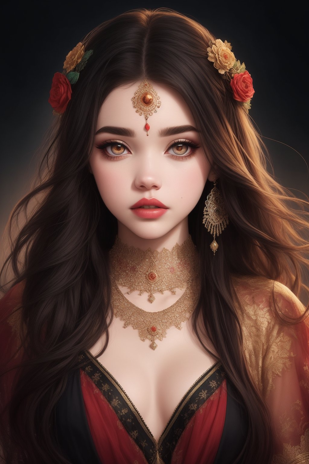 Full-length view, stunning beautiful model (India Eisley), hyper-detailed eyes and face, extreme angle, perfect makeup. Art by Chrissy Zullo, illustrations characterized by a distinct mix of whimsical elements with darker undertones, with predominantly female characters in stylized form with elongated limbs, the work is highly detailed and uses a bold color palette, combining natural and fantastical elements, giving the characters a sense of an otherworldly, dreamlike quality, that captures the imagination and emotions of the audience.,Indian,Btflindngds