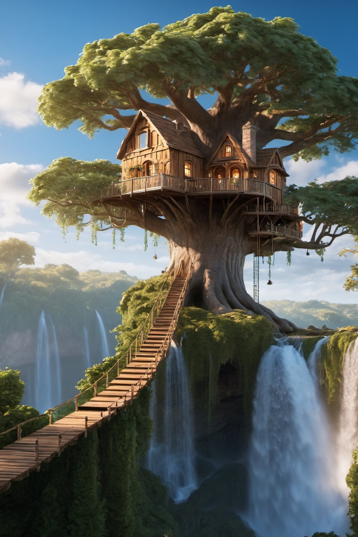 (wallpaper:1.2) ,best quality ,Ultra-detailed image of a (wallpaper:1.2) ,best quality Ultra-detailed image A majestic treehouse perched atop a towering oak tree, surrounded by lush foliage and a vibrant sky. Brown cat,waterfall, sea