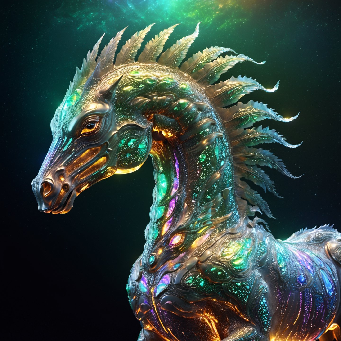 Celestial (alien:1.1) creature in horse shape, with opalescent skin and iridiscent scales, masterpiece, absolutely perfect, stunning image, visually rich, intricately detailed, concept art, by Mschiffer, glowy, cinematic, UHD wallpaper, 3d, octane render, volumetric lights,Movie Still,6000