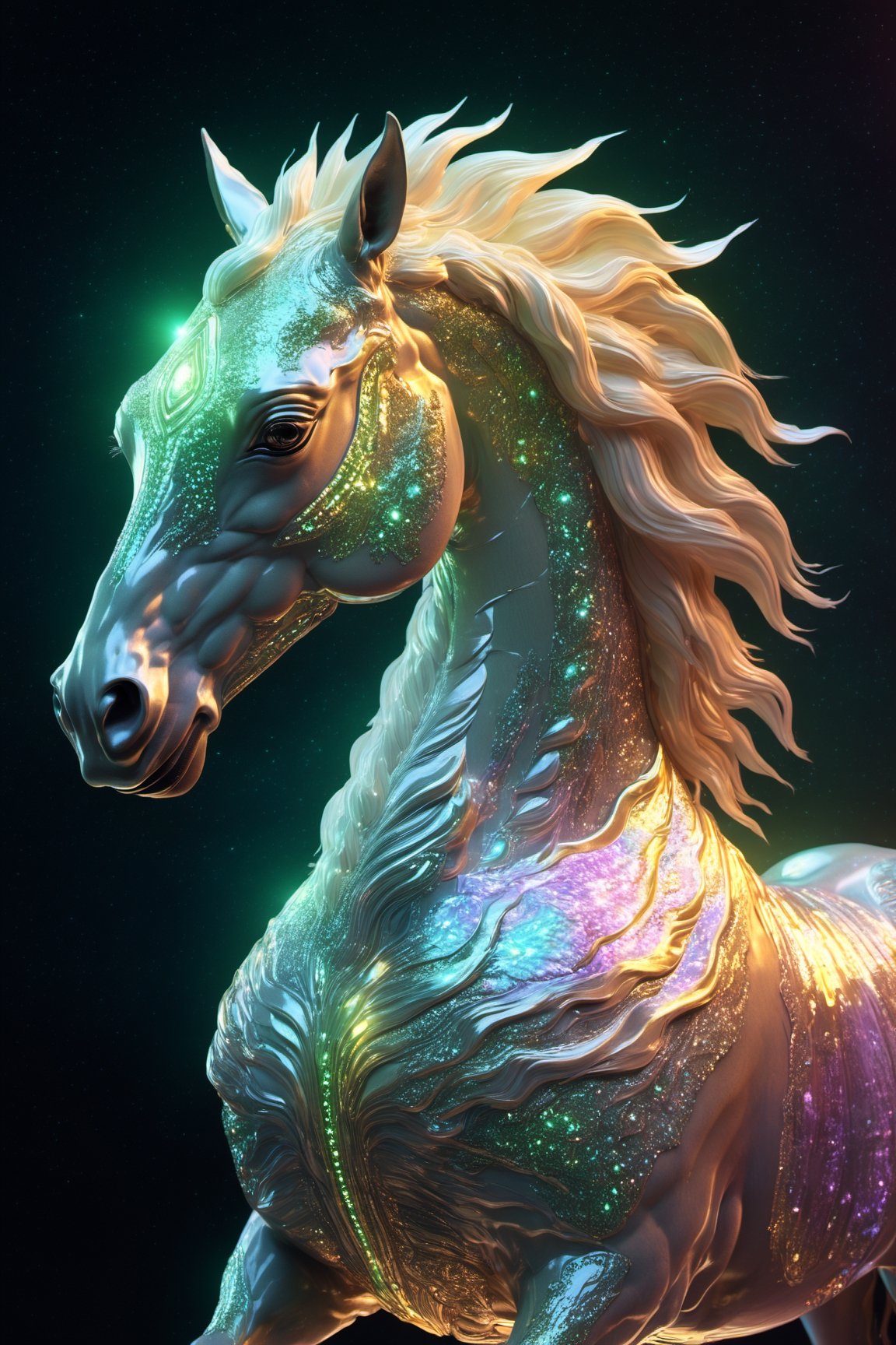 Celestial (alien:1.2) creature in horse shape, with opalescent skin and iridiscent scales, masterpiece, absolutely perfect, stunning image, visually rich, intricately detailed, concept art, by Mschiffer, glowy, cinematic, UHD wallpaper, 3d, octane render, volumetric lights,Movie Still,6000