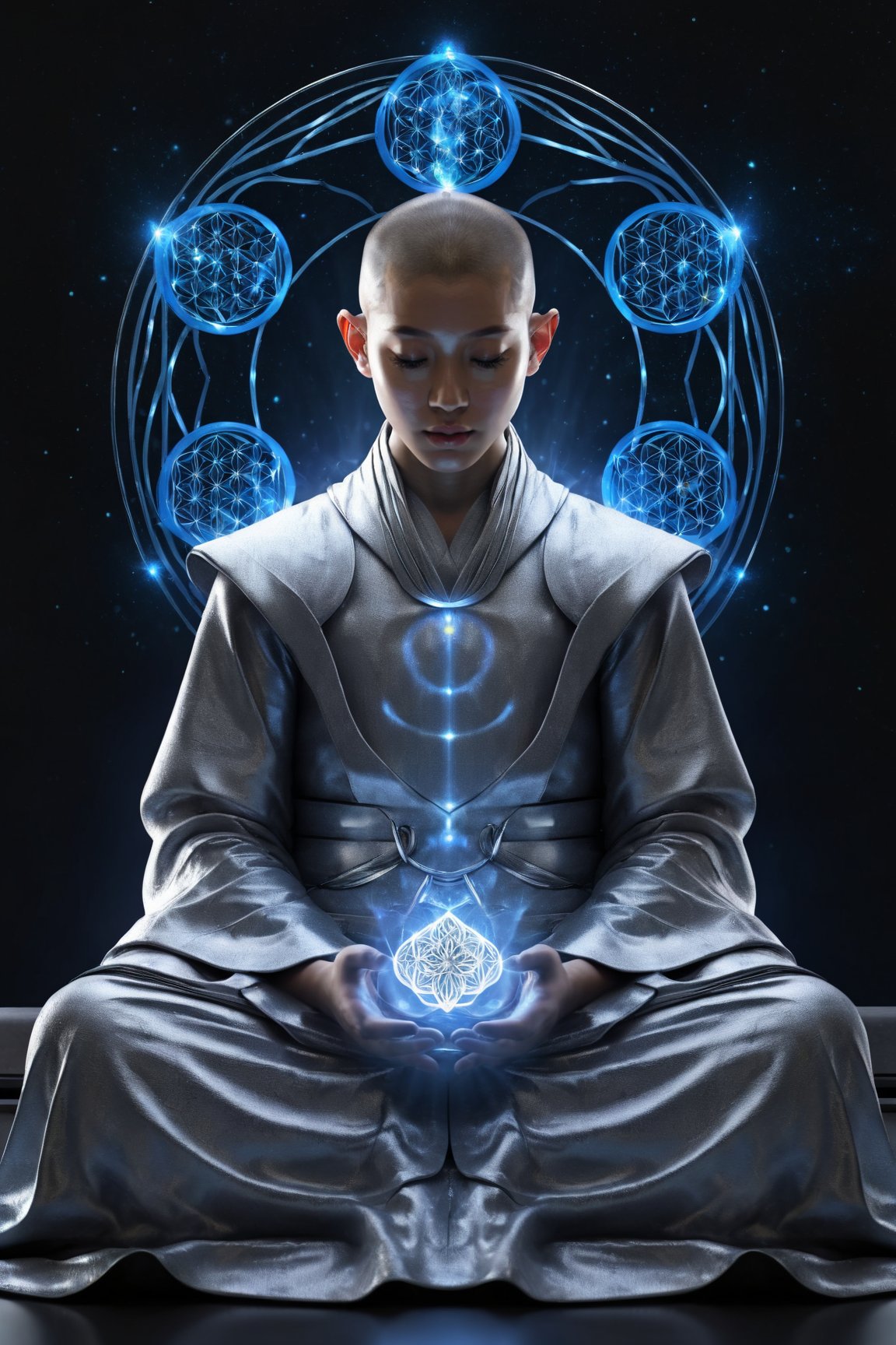 cinematic , ultra realistic, (((Silver Mind))), ((cyborg monk meditating)), ((simple blue robe)), Art Technology, sparks and surges, arcs of electricity, silver flower of life as read geometry background, ready to print, black background, vibrant,Sci-fi 