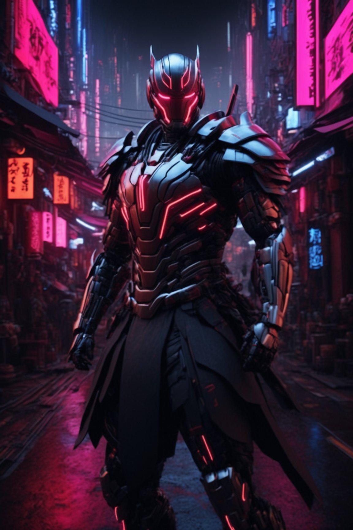cinematic, ultra realistic, japanese vibe, cyborg-samurai, dark fantasy, realistic, cyborg, cyberpunk, neon city background,Ultron 