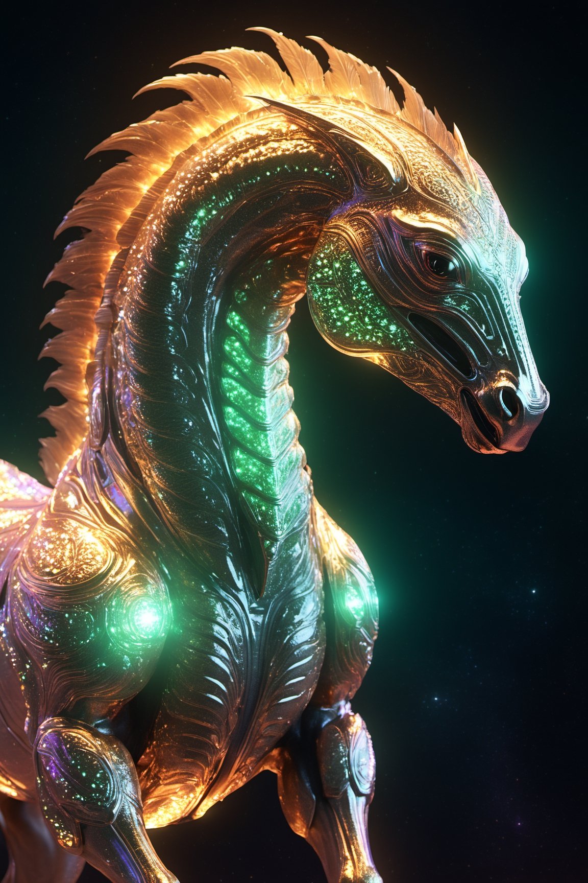Celestial (alien:1.15) creature in horse shape, with opalescent skin and iridiscent scales, masterpiece, absolutely perfect, stunning image, visually rich, intricately detailed, concept art, by Mschiffer, glowy, cinematic, UHD wallpaper, 3d, octane render, volumetric lights,Movie Still