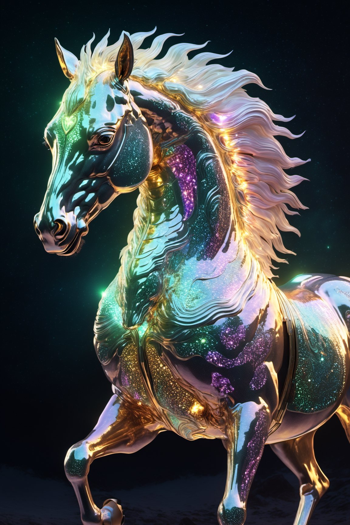 Celestial (alien:1.2) creature in horse shape, with opalescent skin and iridiscent scales, masterpiece, absolutely perfect, stunning image, visually rich, intricately detailed, concept art, by Mschiffer, glowy, cinematic, UHD wallpaper, 3d, octane render, volumetric lights,Movie Still,6000