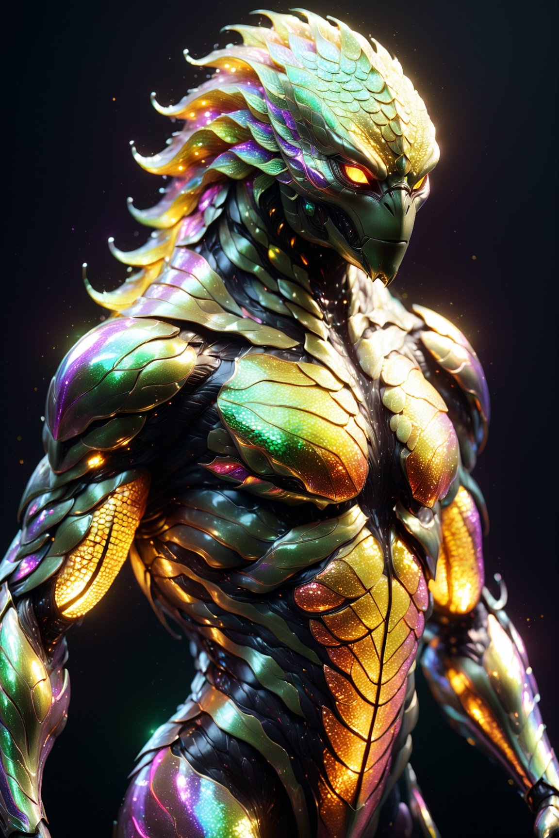 creature in humanoid shape, with opalescent skin and iridiscent scales, masterpiece, absolutely perfect, stunning image, visually rich, intricately detailed, concept art, by Mschiffer, glowy, cinematic, UHD wallpaper, 3d, octane render, volumetric lights,Movie Still,Film Still