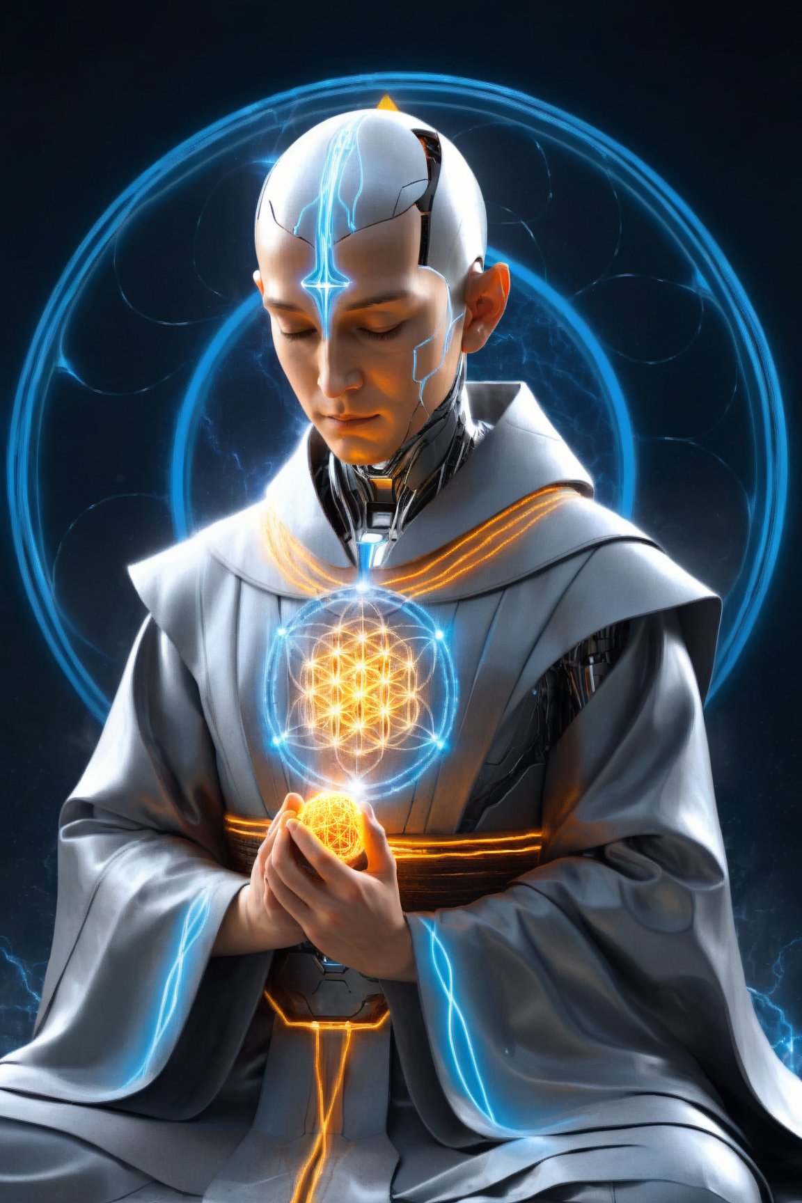 cinematic, ultra realistic,Silver Mind,cyborg monk meditating, simple blue robe, Art Technology, sparks and surges, arcs of electricity, silver flower of life as read geometry background, ready to print, black background, vibrant,Sci-fi,Leonardo Style,Ultron 