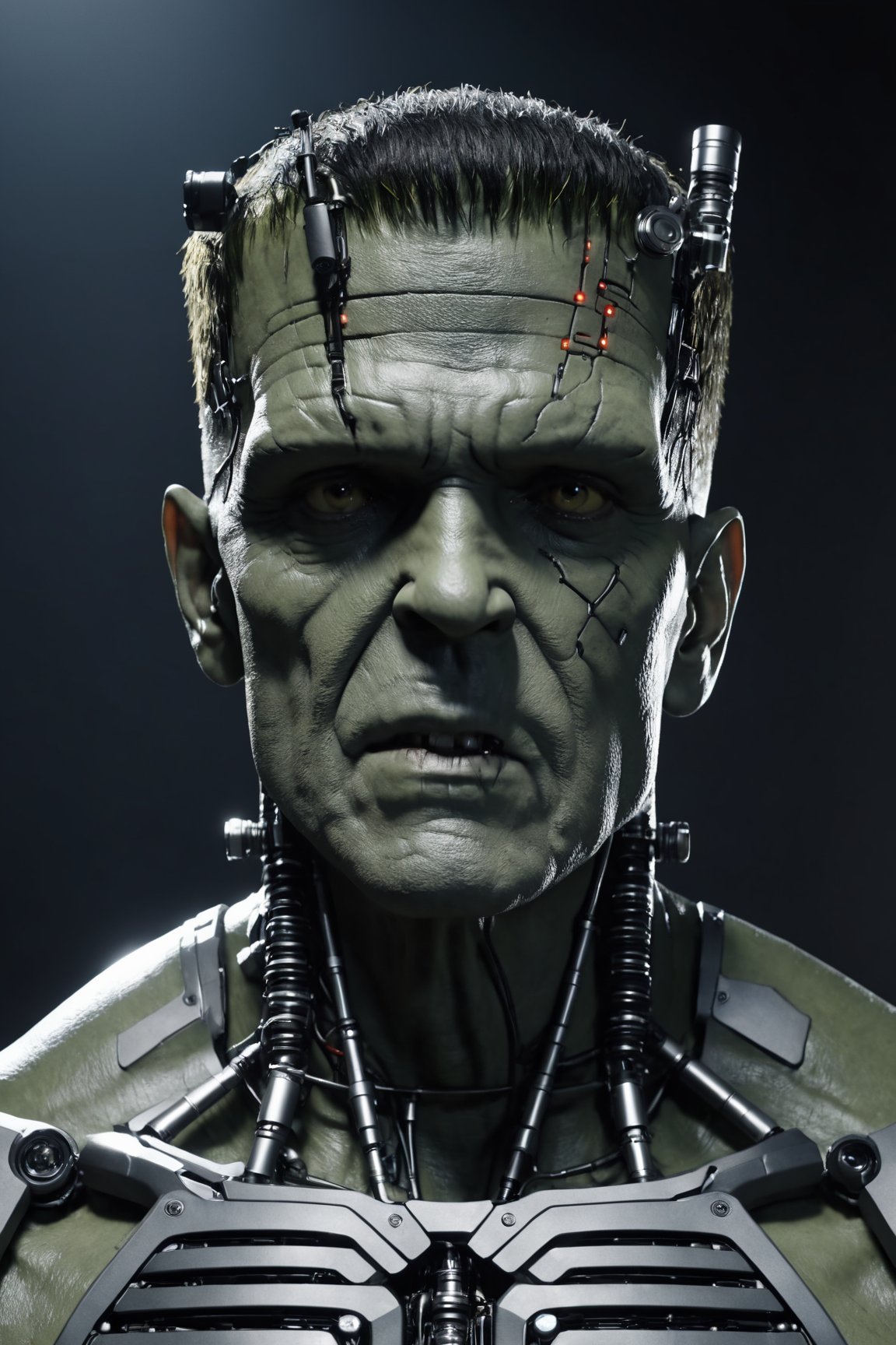 best quaity, cinematic, ultra realistiс new frankenstein cyborg-monster, (cybernetic:1.3), dark shot,cyborg style,Movie Still