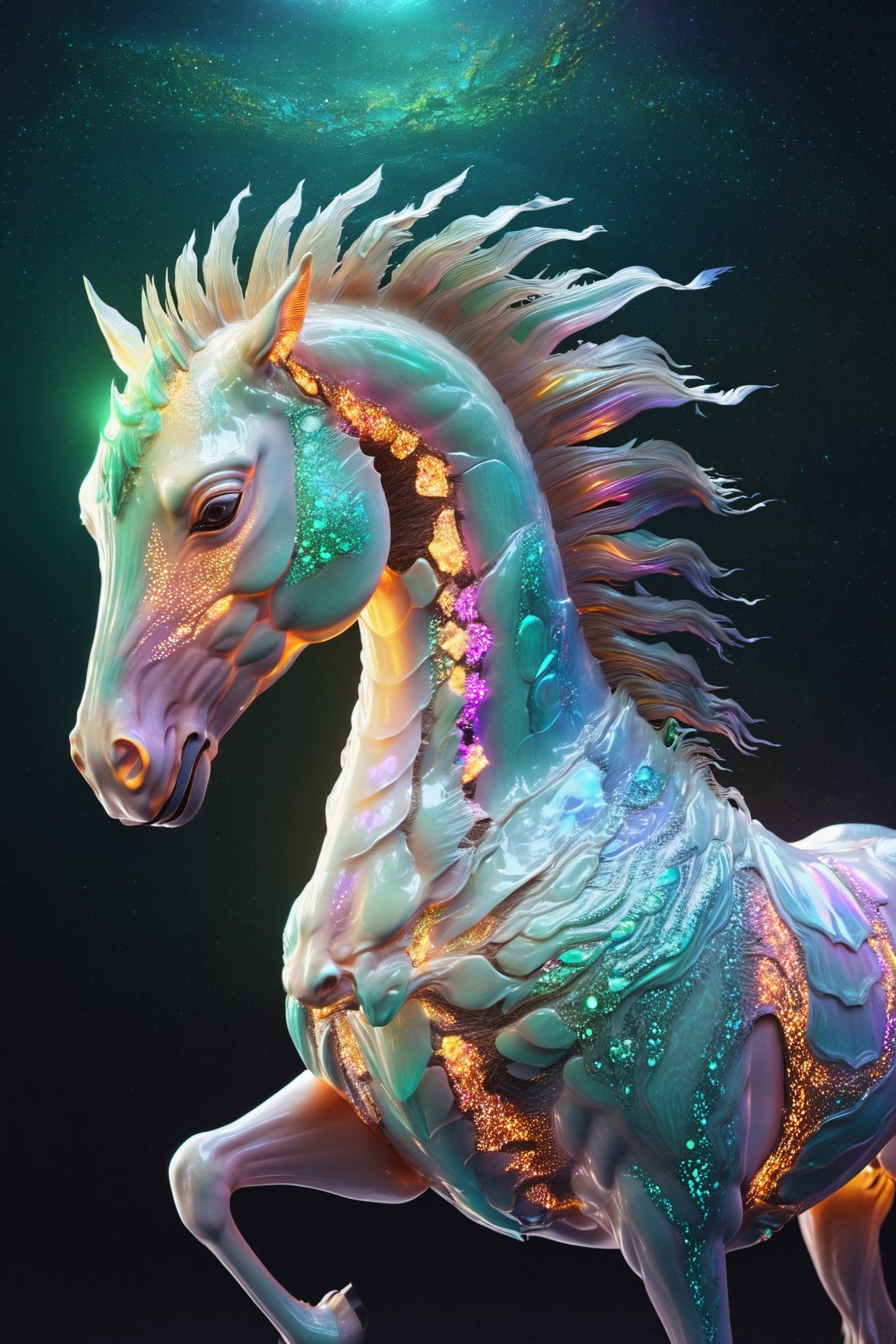 Celestial (alien:1.2) creature in horse shape, with opalescent skin and iridiscent scales, masterpiece, absolutely perfect, stunning image, visually rich, intricately detailed, concept art, by Mschiffer, glowy, cinematic, UHD wallpaper, 3d, octane render, volumetric lights,Movie Still,6000