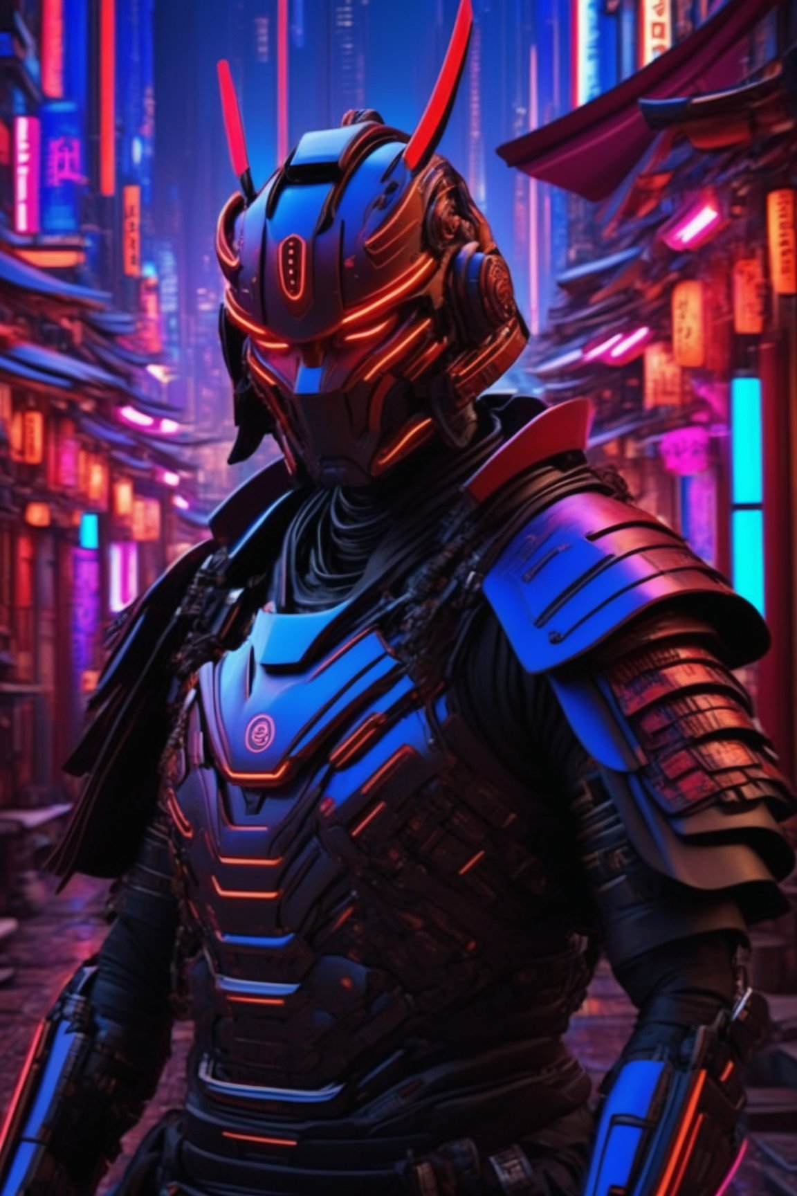 cinematic, ultra realistic, japanese vibe, detailed cyborg-samurai, realistic, cyberpunk, futuristic city background, sharp focus, hdr,Leonardo Style,with blacklight makeup,cyborg style