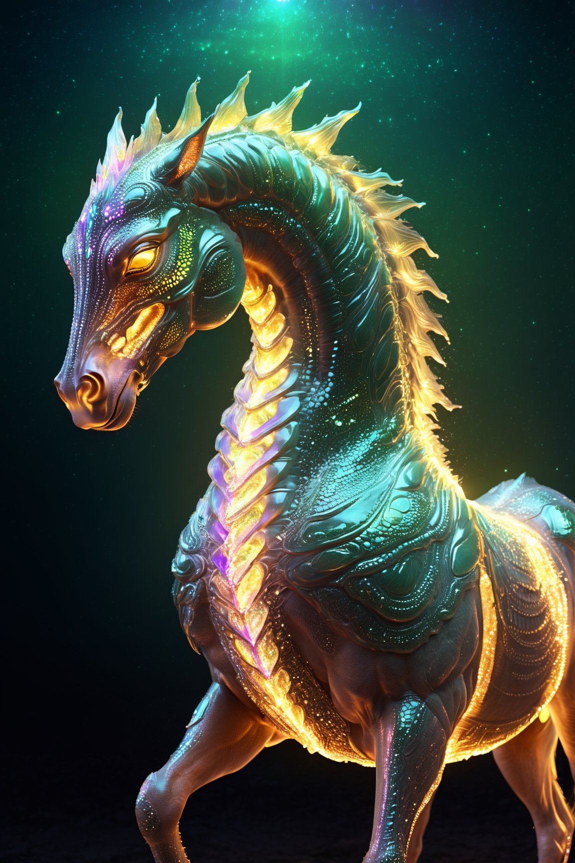 Celestial (alien:1.1) creature in horse shape, with opalescent skin and iridiscent scales, masterpiece, absolutely perfect, stunning image, visually rich, intricately detailed, concept art, by Mschiffer, glowy, cinematic, UHD wallpaper, 3d, octane render, volumetric lights,Movie Still,6000