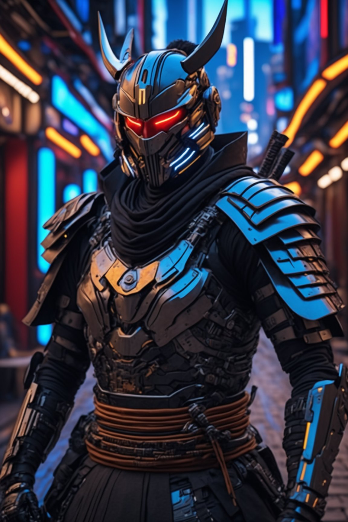 cinematic, ultra realistic, detailed cyborg-samurai in western futuristic city, realistic, cyberpunk, sharp focus, Sony Alpha 7S III (A75 III), Simple, hyperdetailed, hdr,Leonardo Style,with blacklight makeup,cyborg style