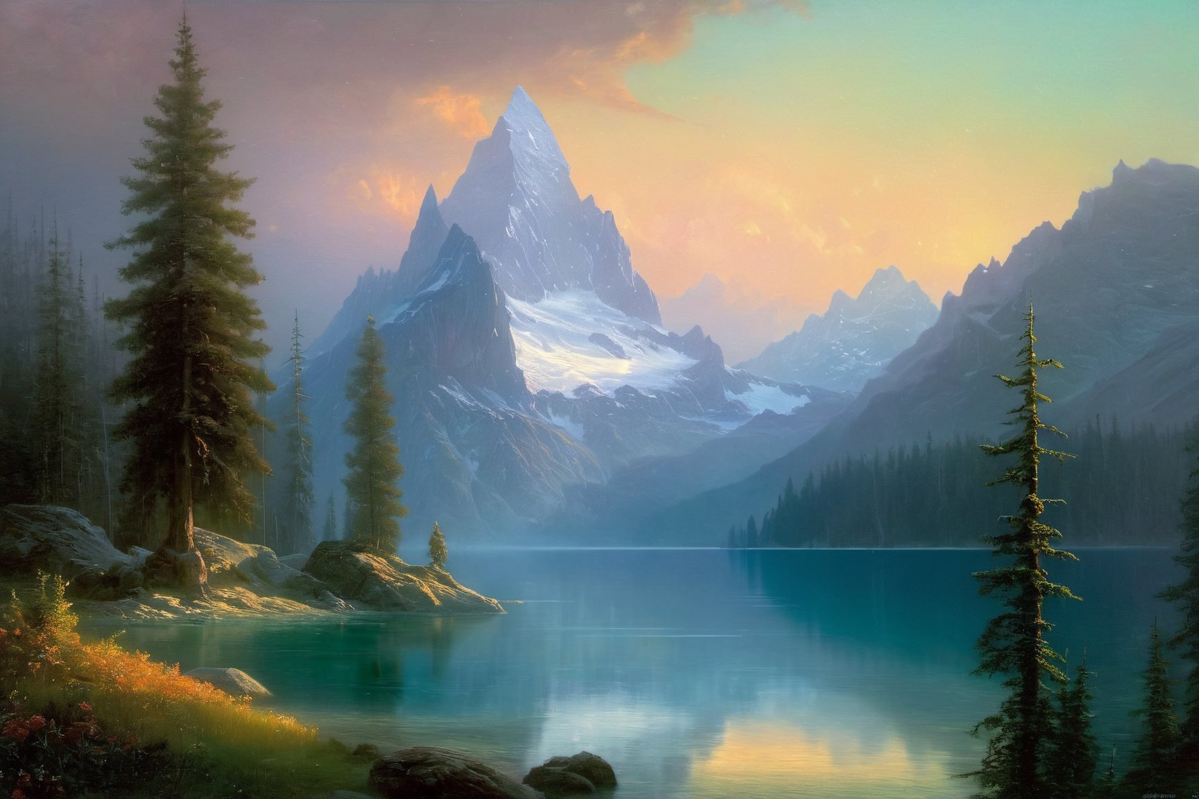 ((( wallpaper))) ,((best quality)),fantasy world, elven wizard house , fabulous coniferous forest near a clear mountain lake, magic, richness of colors, (ultra-quality light, masterpiece, wallpaper, ultra-detailed, panoramic photo: 1.3) , style of Ivan Aivazovsky,  by H.R. Giger and Alphonse Mucha ,6000,Leonardo Style