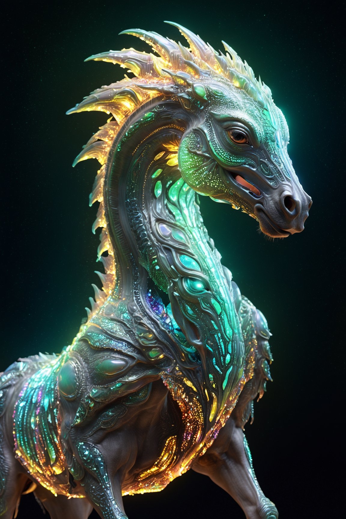 Celestial (alien:1.1) creature in horse shape, with opalescent skin and iridiscent scales, masterpiece, absolutely perfect, stunning image, visually rich, intricately detailed, concept art, by Mschiffer, glowy, cinematic, UHD wallpaper, 3d, octane render, volumetric lights,Movie Still,6000