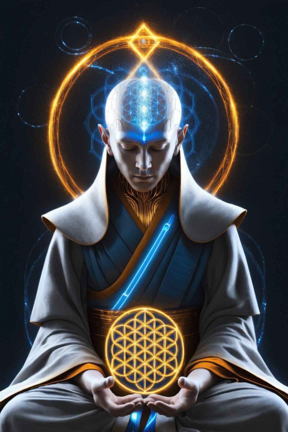 cinematic, ultra realistic,Silver Mind,cyborg monk meditating, simple blue robe, Art Technology, sparks and surges, arcs of electricity, silver flower of life as read geometry background, ready to print, black background, vibrant,Sci-fi,Leonardo Style,Ultron 