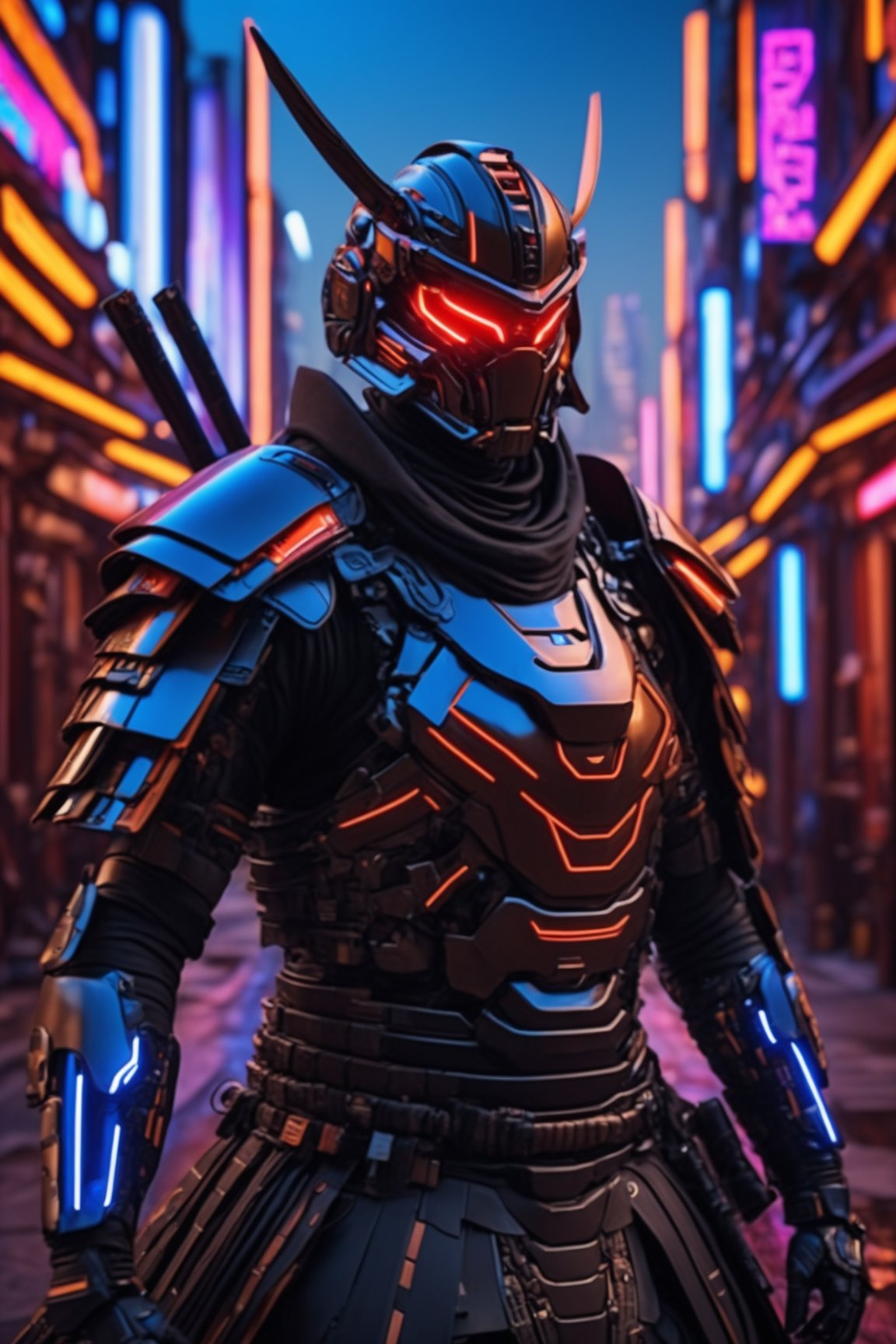 cinematic, ultra realistic, detailed cyborg-samurai in western futuristic city, realistic, cyberpunk, sharp focus, Sony Alpha 7S III (A75 III), Simple, hyperdetailed, hdr,Leonardo Style,with blacklight makeup,cyborg style