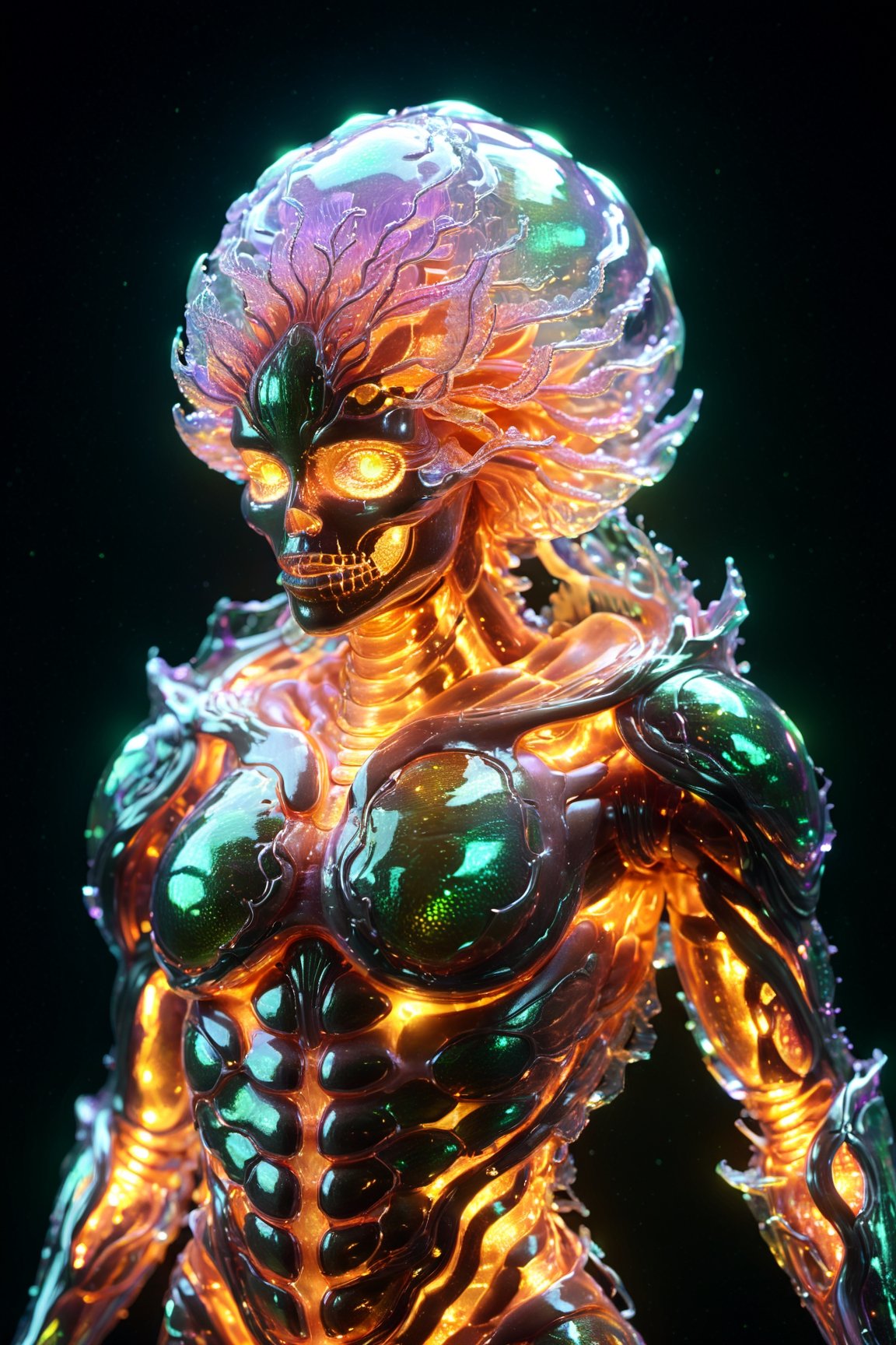 Organoid creature in humanoid shape, with opalescent skin and iridiscent scales, masterpiece, absolutely perfect, stunning image, visually rich, intricately detailed, concept art, by Mschiffer, glowy, cinematic, UHD wallpaper, 3d, octane render, volumetric lights,Movie Still