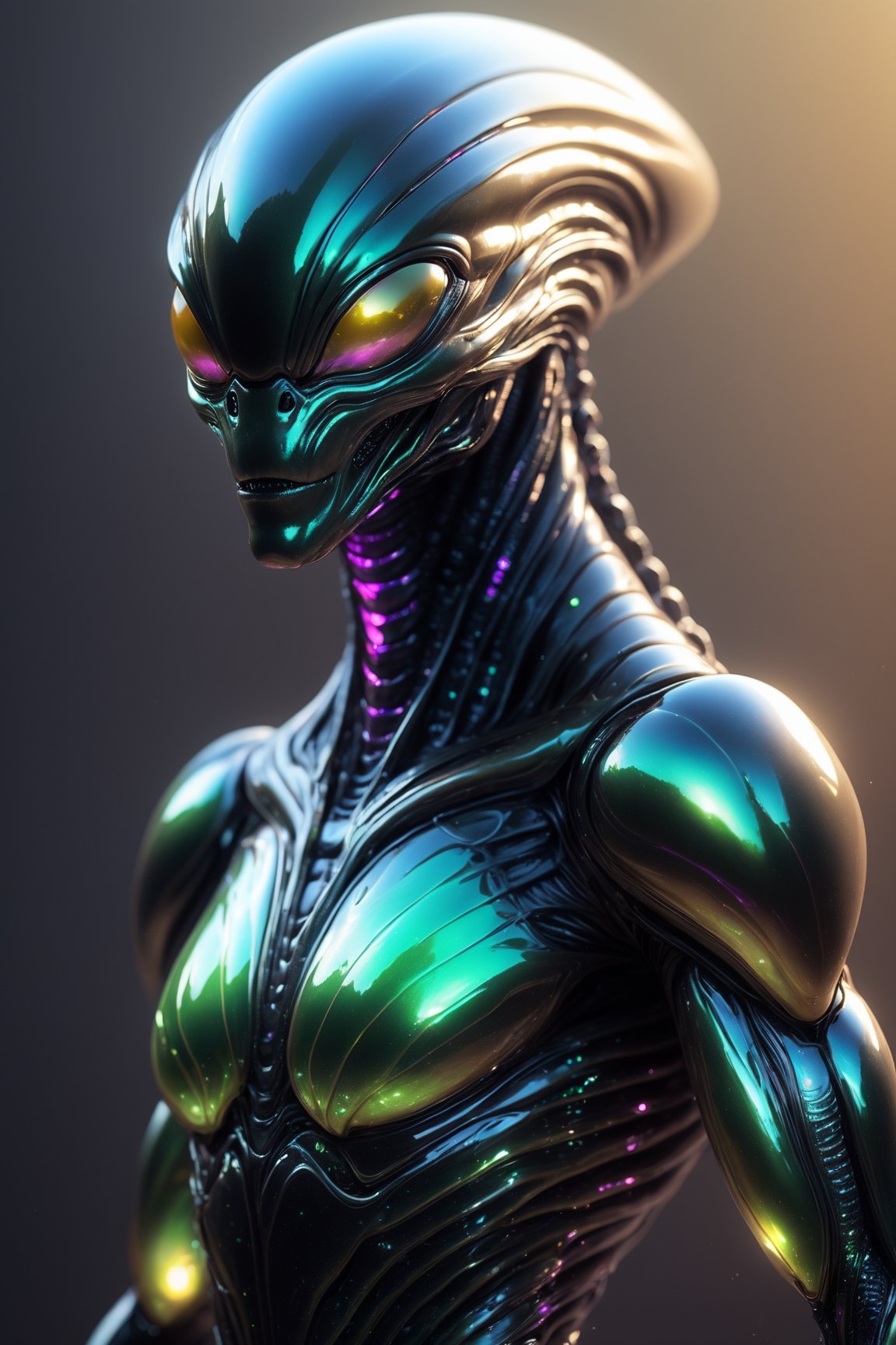 Alien creature in humanoid shape, with opalescent skin and iridiscent scales, masterpiece, absolutely perfect, stunning image, visually rich, intricately detailed, concept art, by Mschiffer, glowy, cinematic, UHD wallpaper, 3d, octane render, volumetric lights