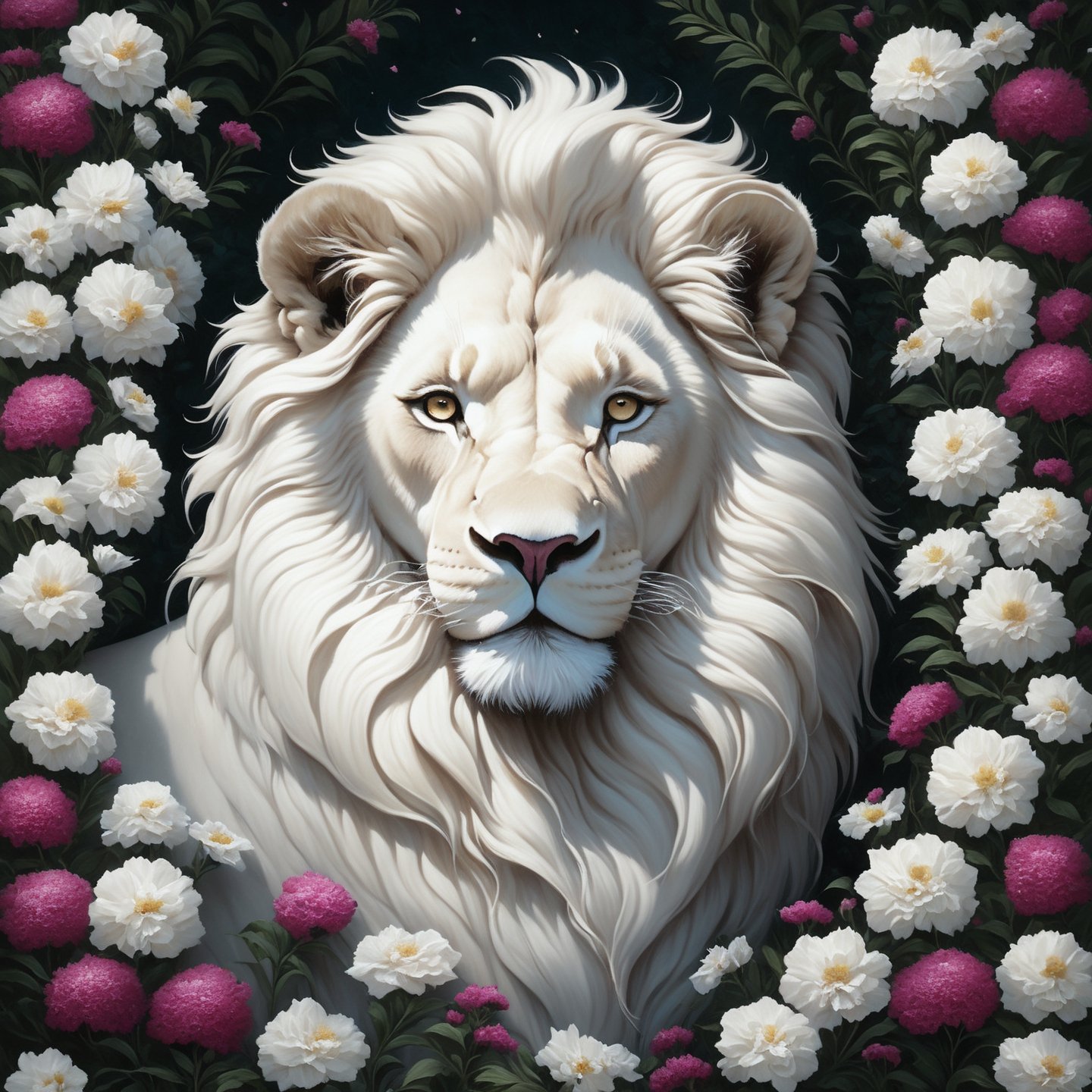 a painting of a white lion surrounded by flowers by Juliette Wytsman, Artstation, fantasy art, made of flowers, detailed painting, aesthetic,Movie Still,Film Still,Cinematic,Cinematic Shot