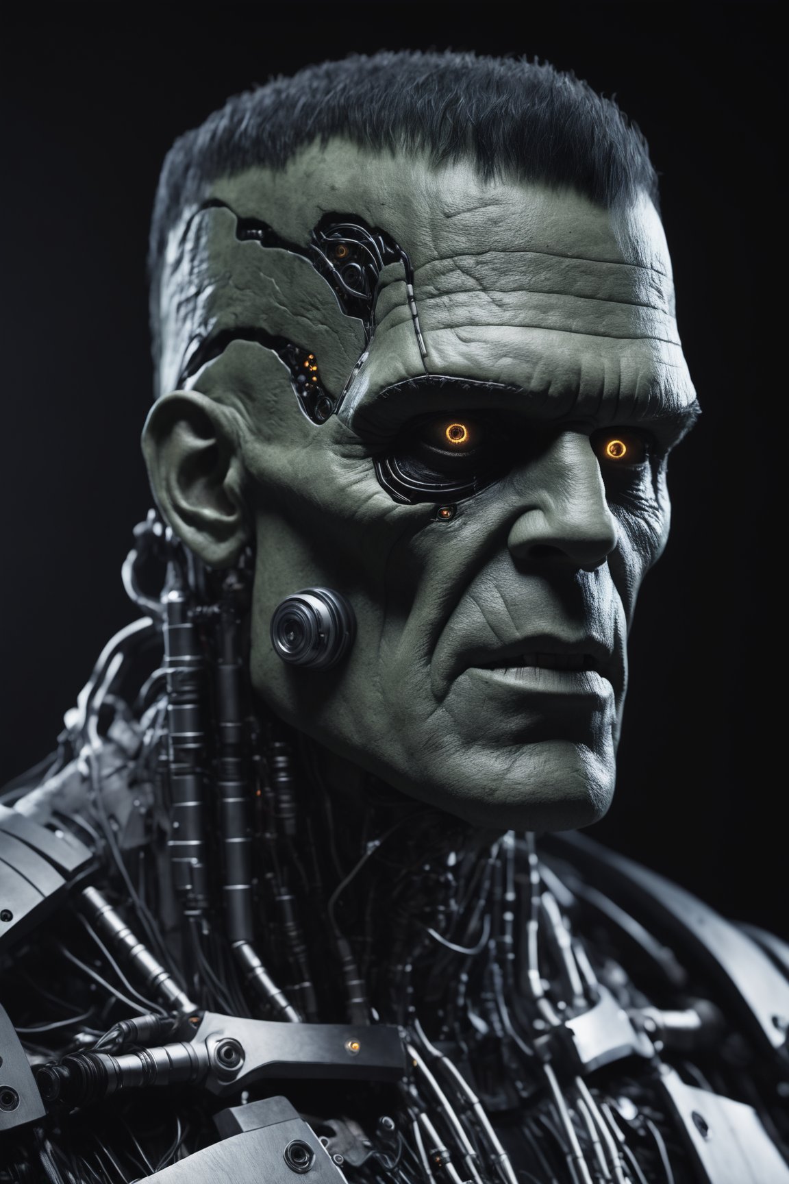 best quaity, cinematic, ultra realistiс new frankenstein cyborg-monster, (cybernetic:1.3), dark shot,cyborg style,Movie Still